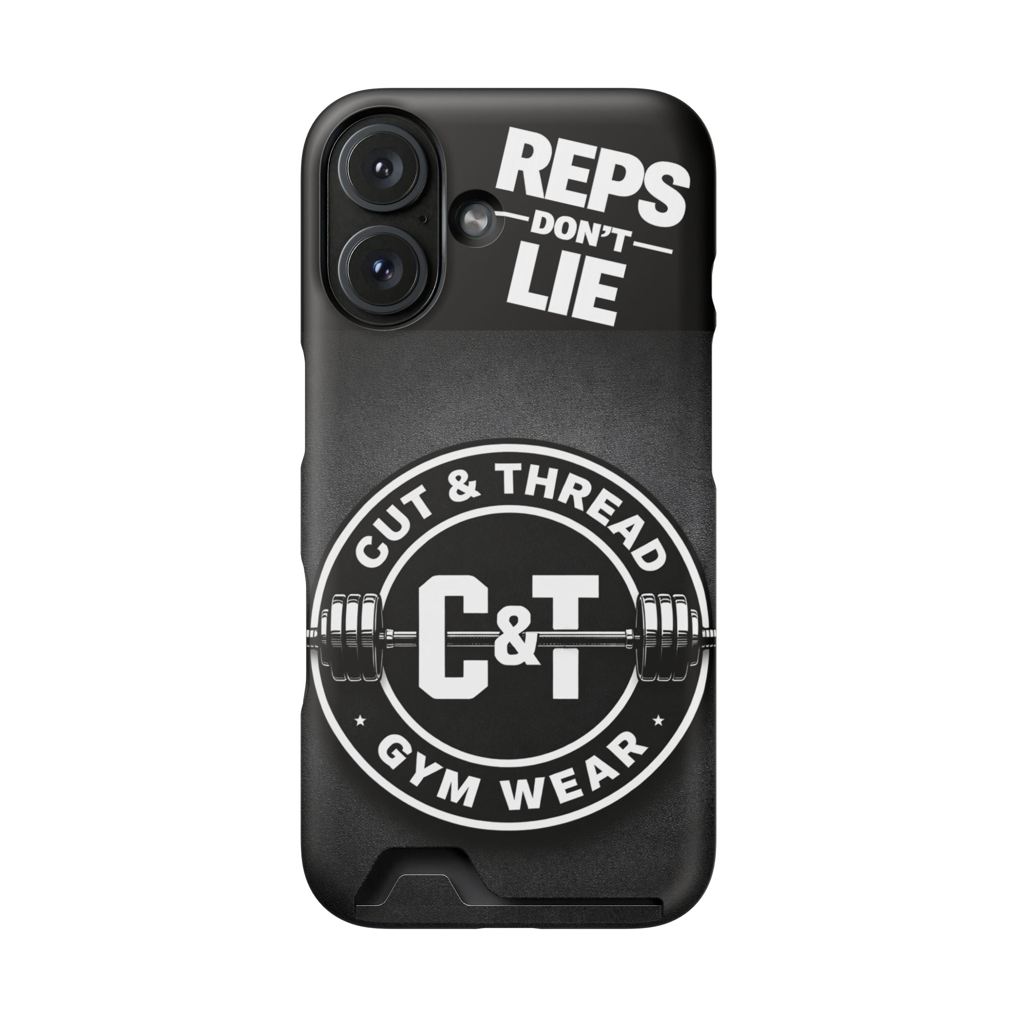 Gym Phone Case with Card Holder — “Reps Don’t Lie” Cut & Thread Design