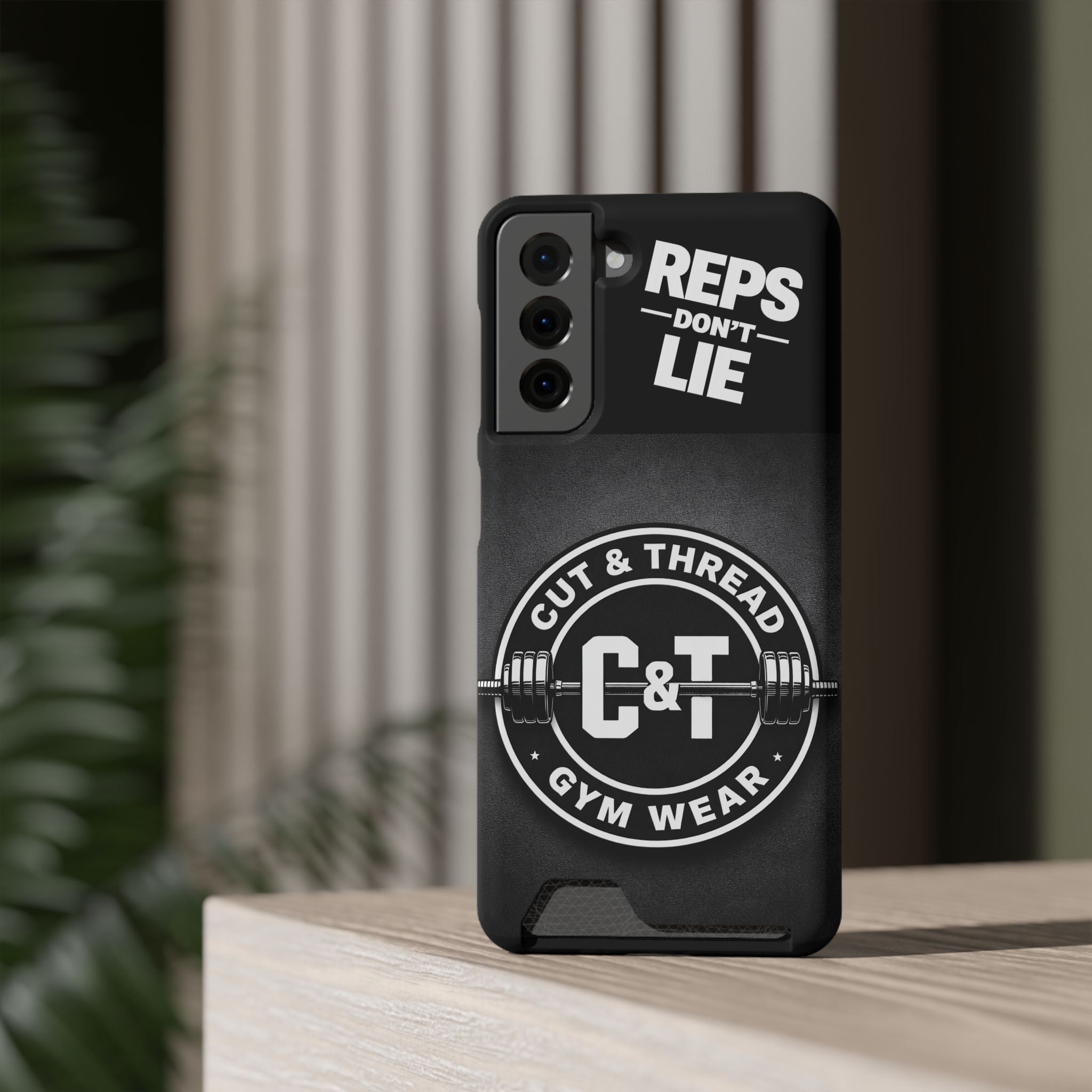 Gym Phone Case with Card Holder — “Reps Don’t Lie” Cut & Thread Design