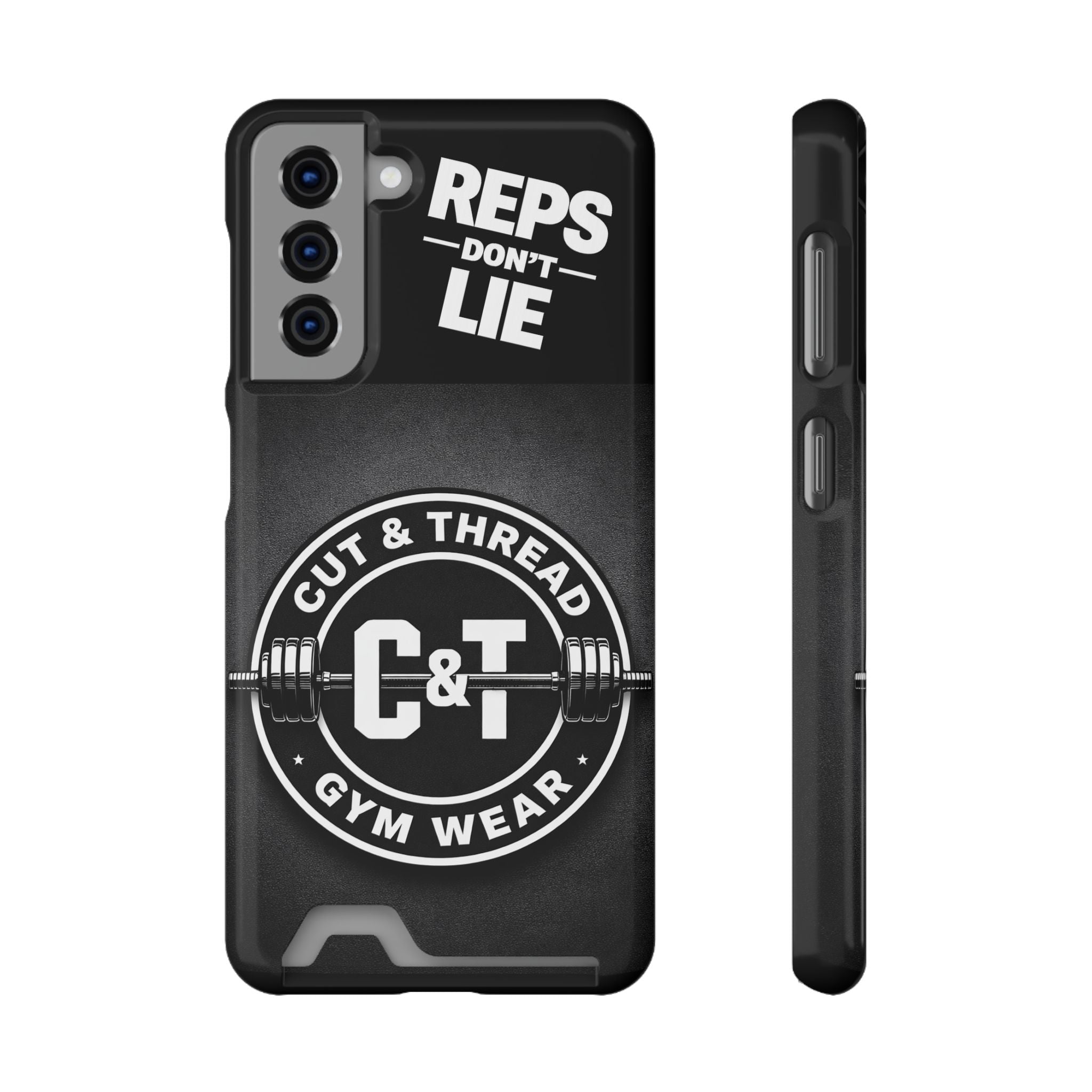 Gym Phone Case with Card Holder — “Reps Don’t Lie” Cut & Thread Design