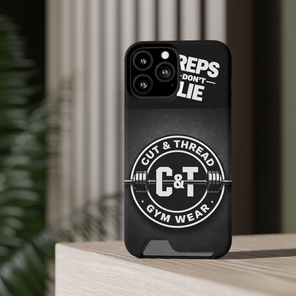 Gym Phone Case with Card Holder — “Reps Don’t Lie” Cut & Thread Design