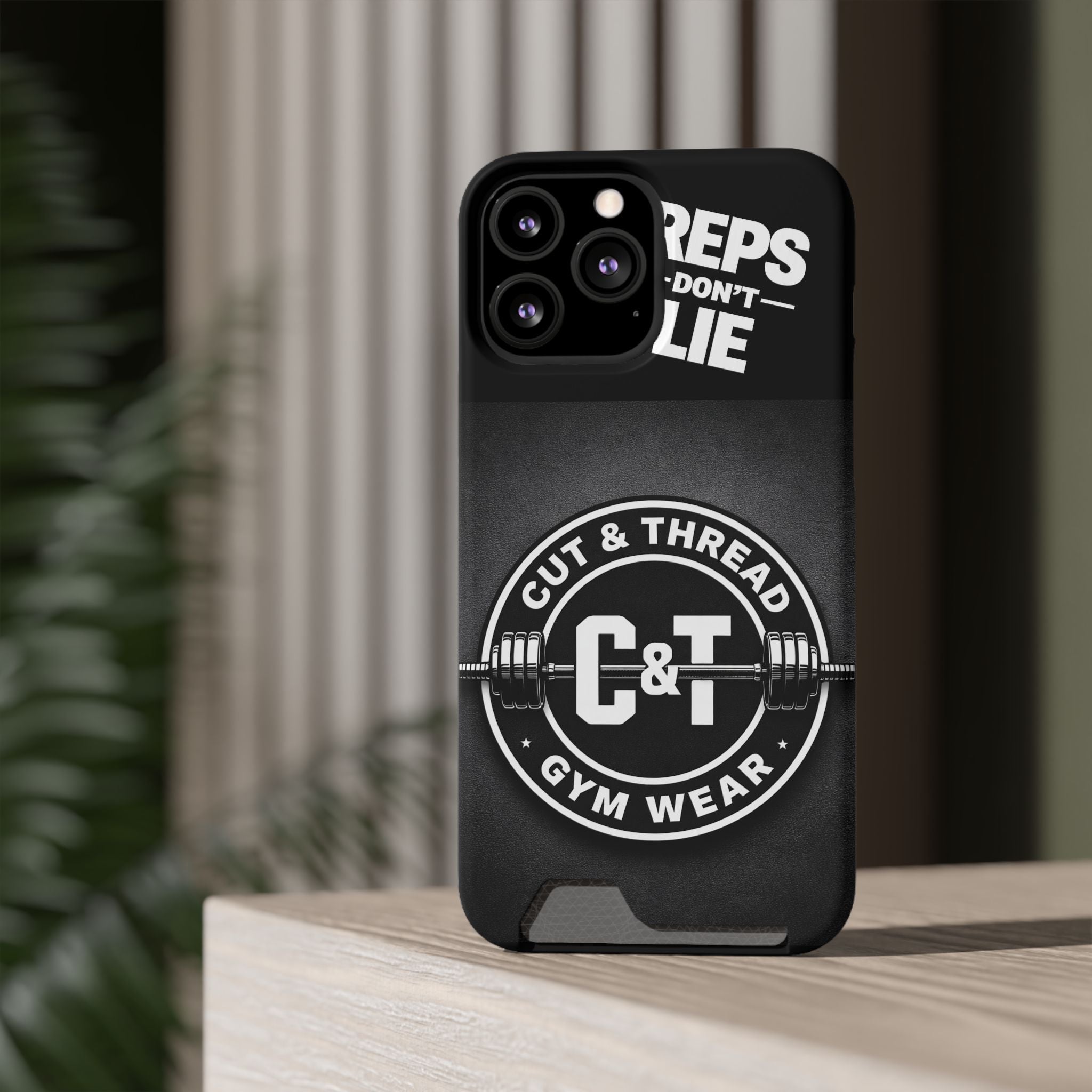Gym Phone Case with Card Holder — “Reps Don’t Lie” Cut & Thread Design