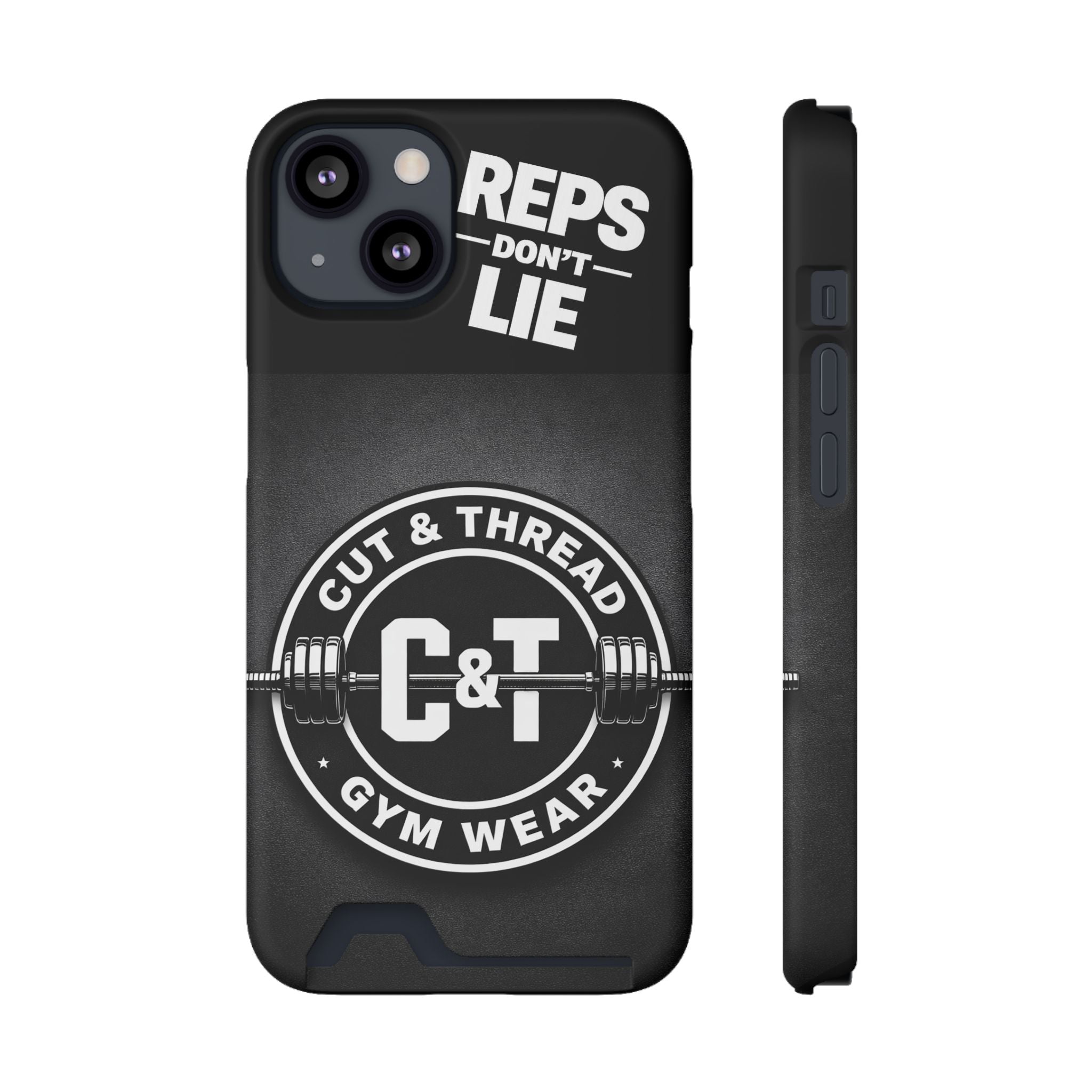 Gym Phone Case with Card Holder — “Reps Don’t Lie” Cut & Thread Design