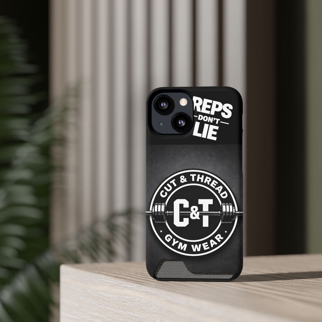 Gym Phone Case with Card Holder — “Reps Don’t Lie” Cut & Thread Design