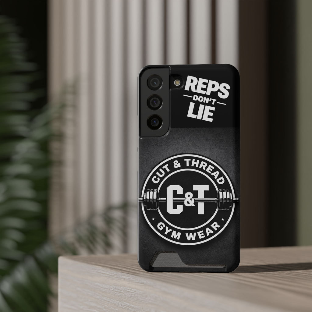 Gym Phone Case with Card Holder — “Reps Don’t Lie” Cut & Thread Design