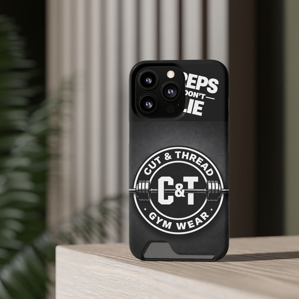 Gym Phone Case with Card Holder — “Reps Don’t Lie” Cut & Thread Design