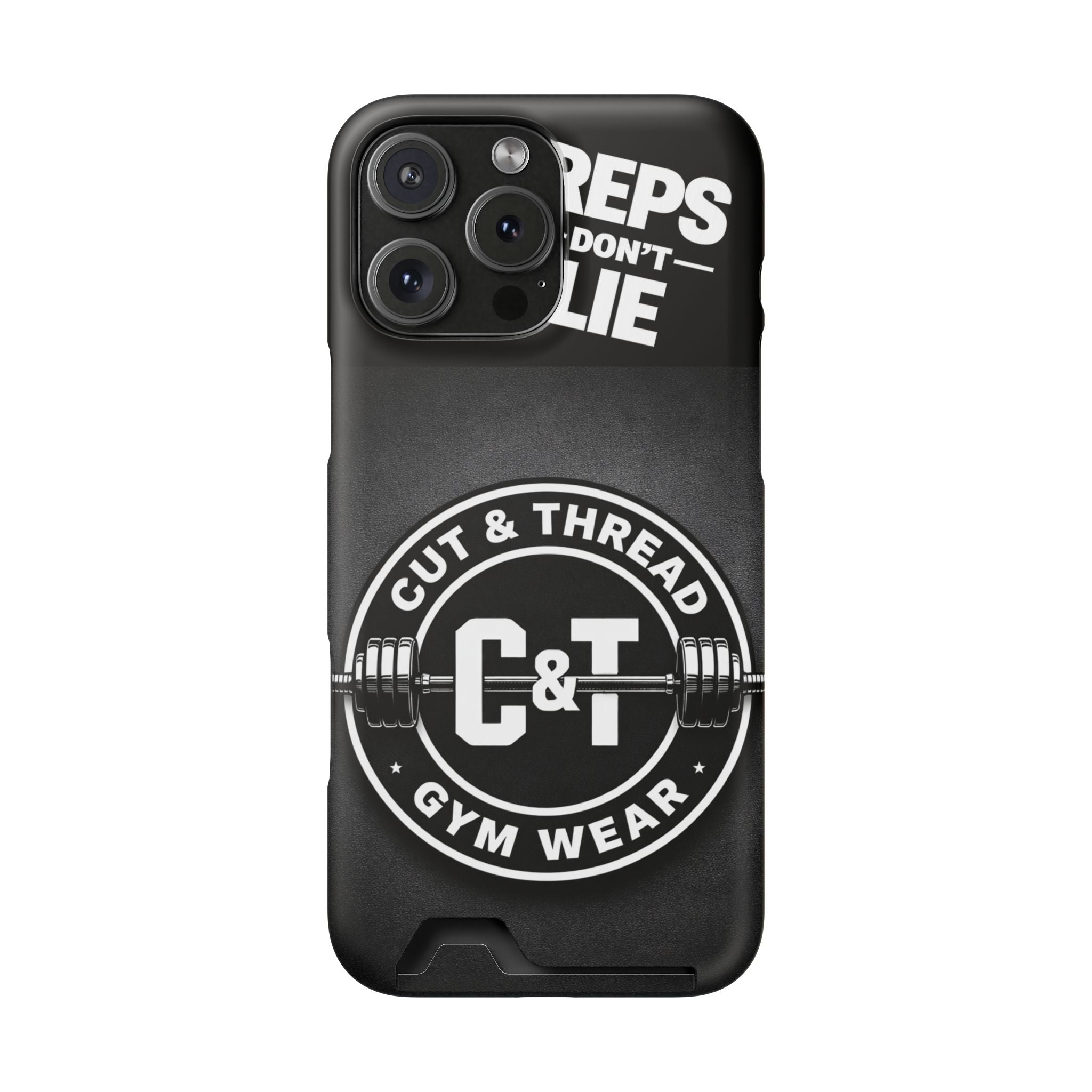 Gym Phone Case with Card Holder — “Reps Don’t Lie” Cut & Thread Design