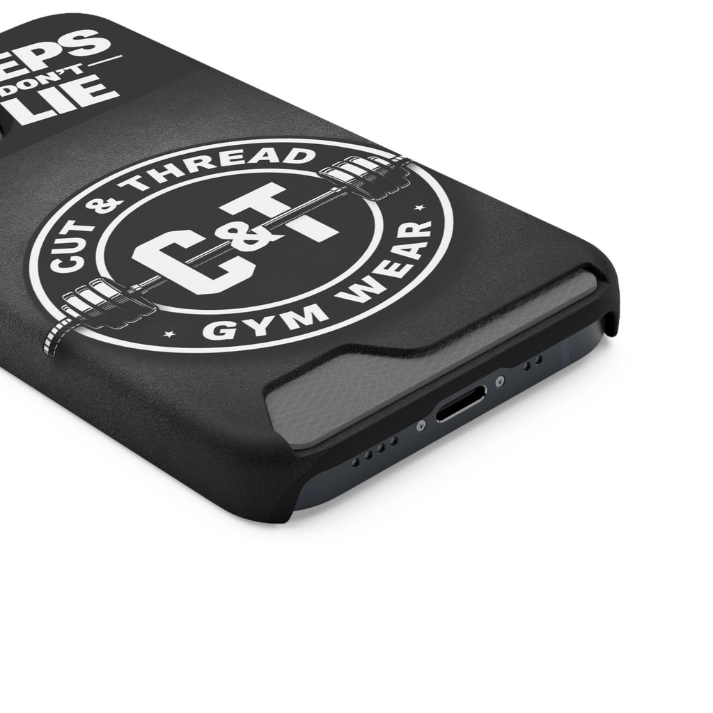 Gym Phone Case with Card Holder — “Reps Don’t Lie” Cut & Thread Design