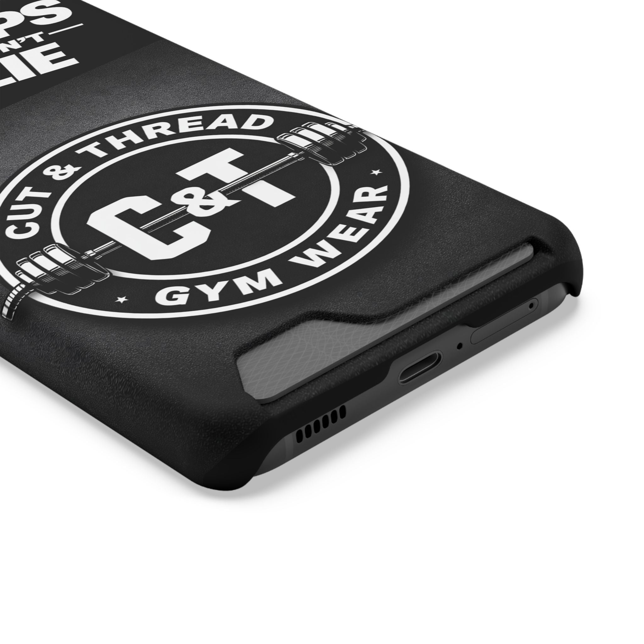 Gym Phone Case with Card Holder — “Reps Don’t Lie” Cut & Thread Design