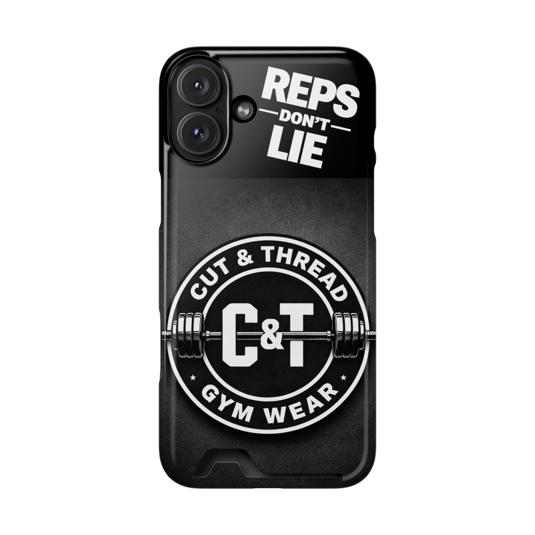 Gym Phone Case with Card Holder — “Reps Don’t Lie” Cut & Thread Design