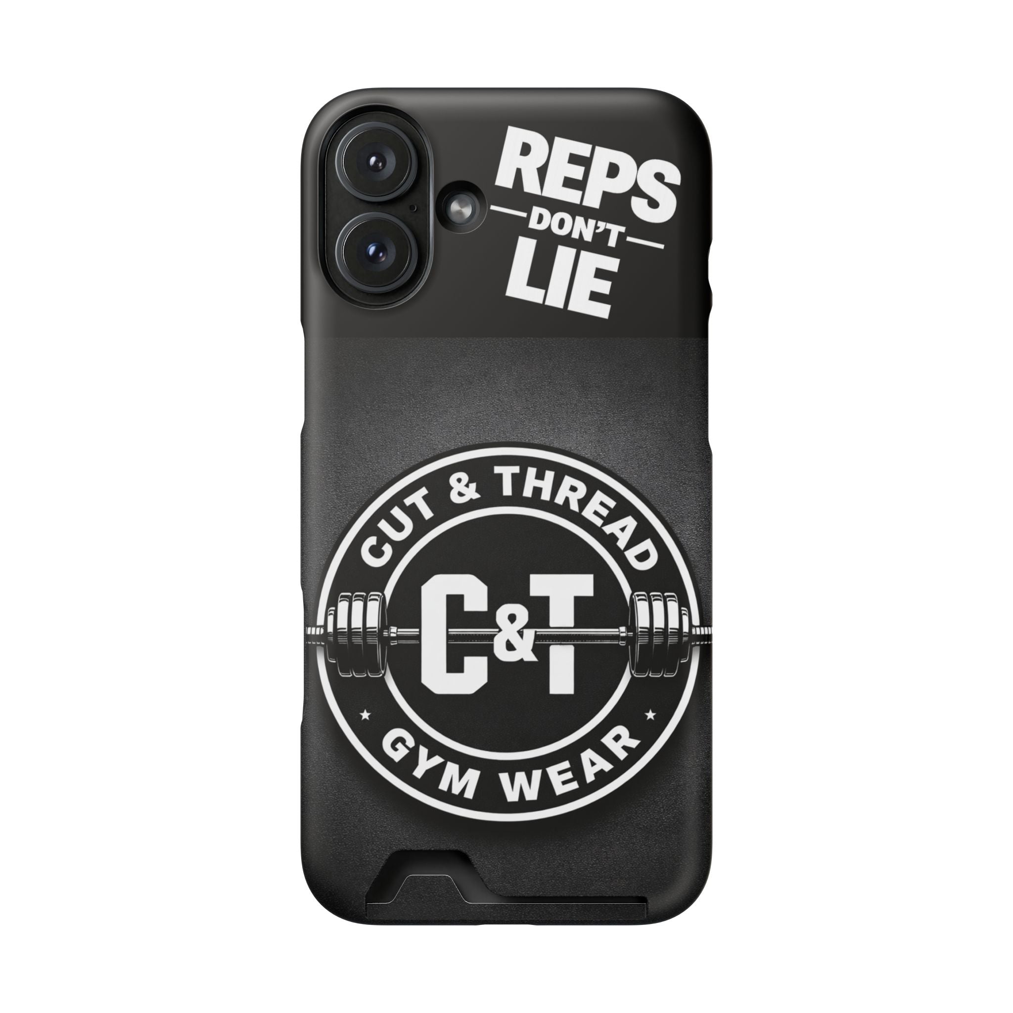 Gym Phone Case with Card Holder — “Reps Don’t Lie” Cut & Thread Design