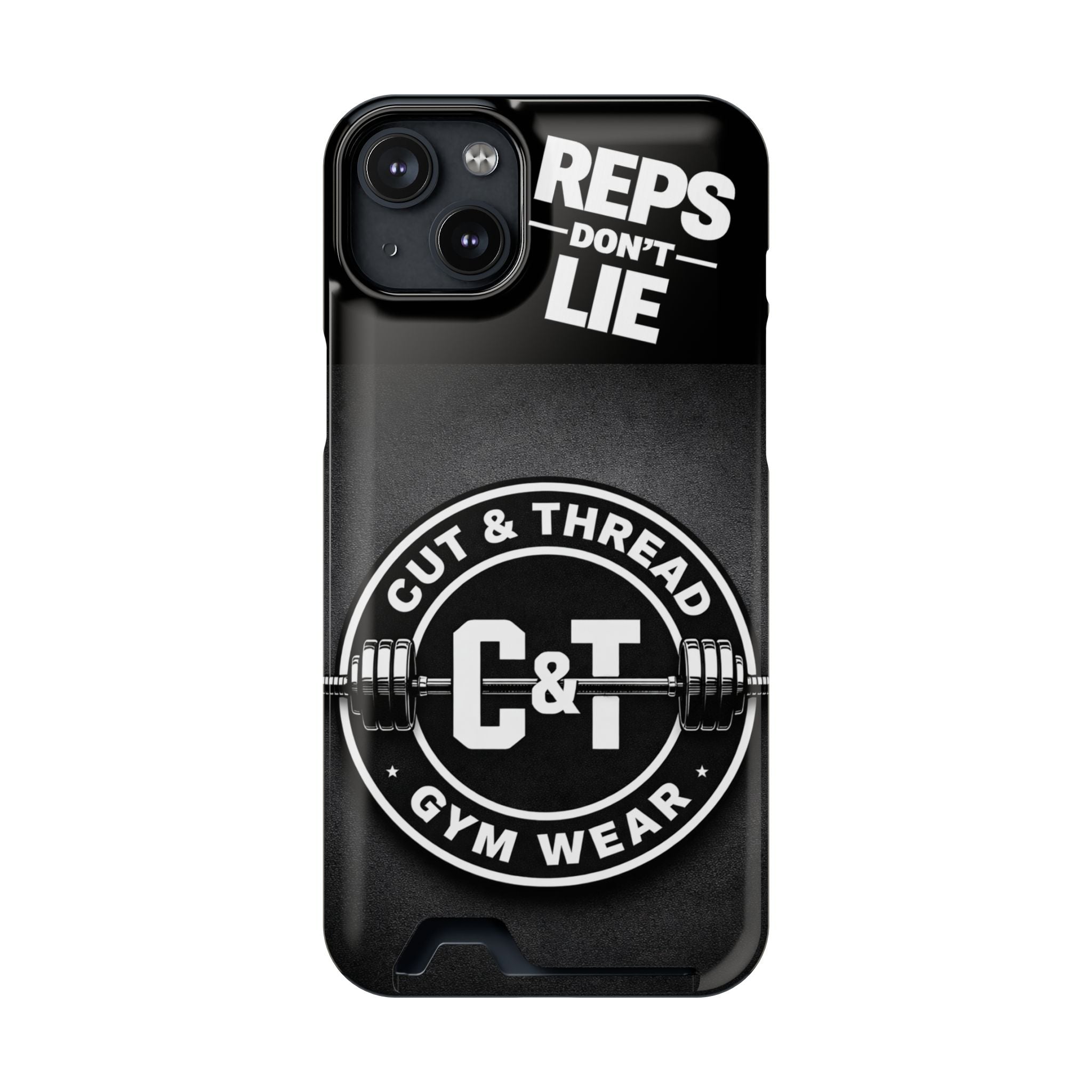 Gym Phone Case with Card Holder — “Reps Don’t Lie” Cut & Thread Design