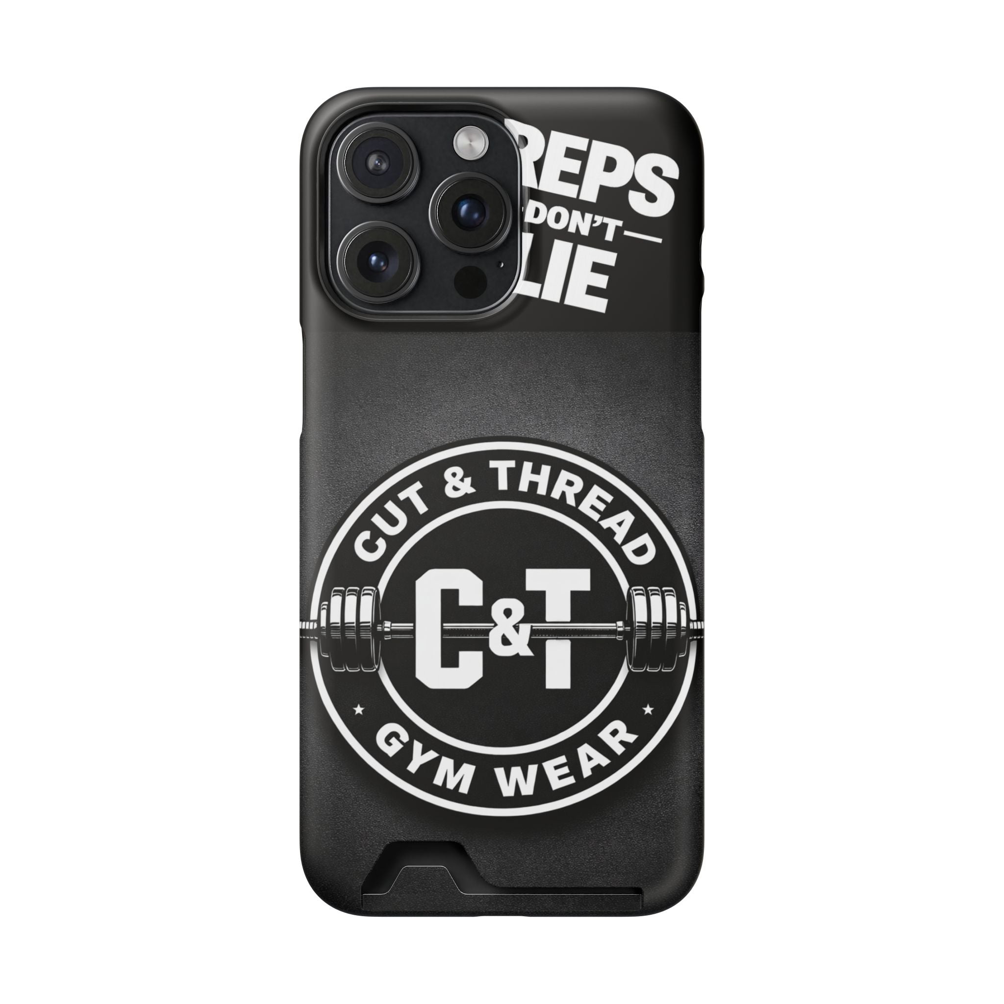 Gym Phone Case with Card Holder — “Reps Don’t Lie” Cut & Thread Design