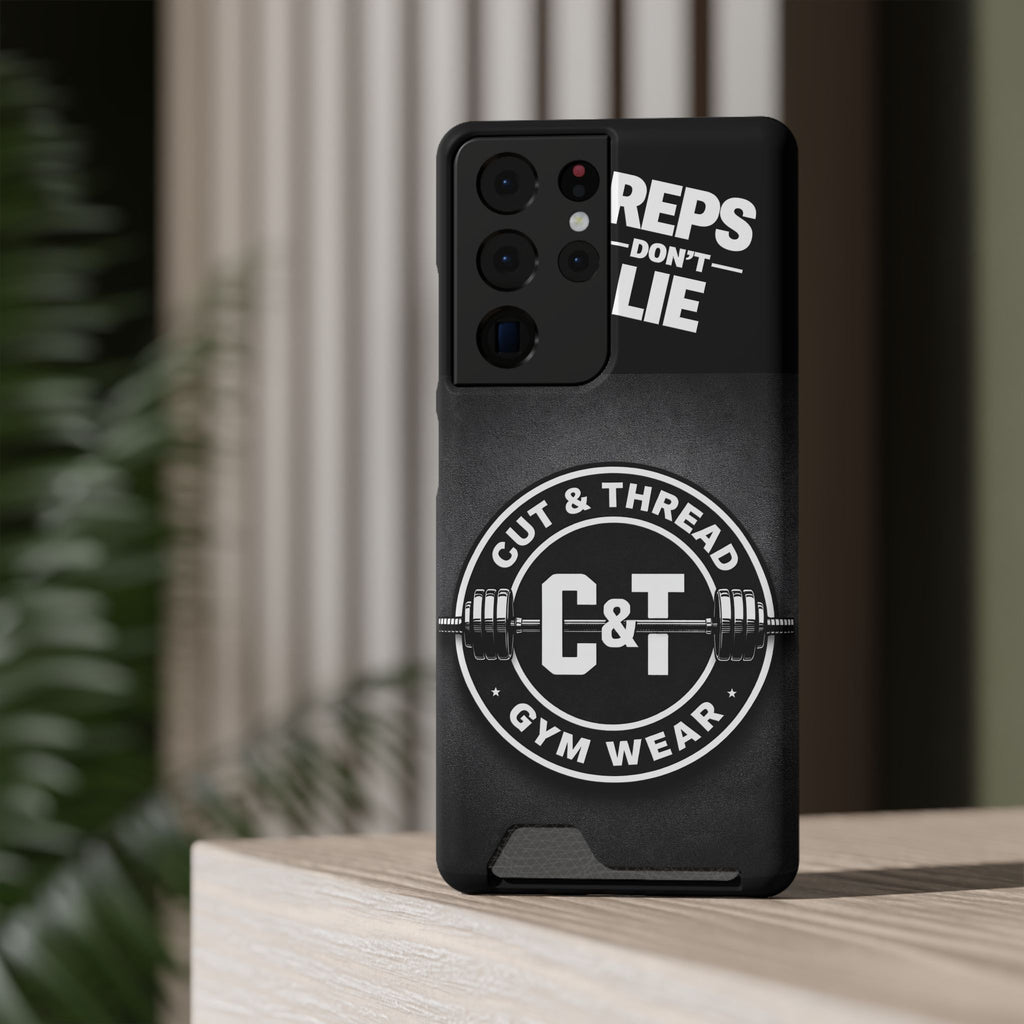 Gym Phone Case with Card Holder — “Reps Don’t Lie” Cut & Thread Design