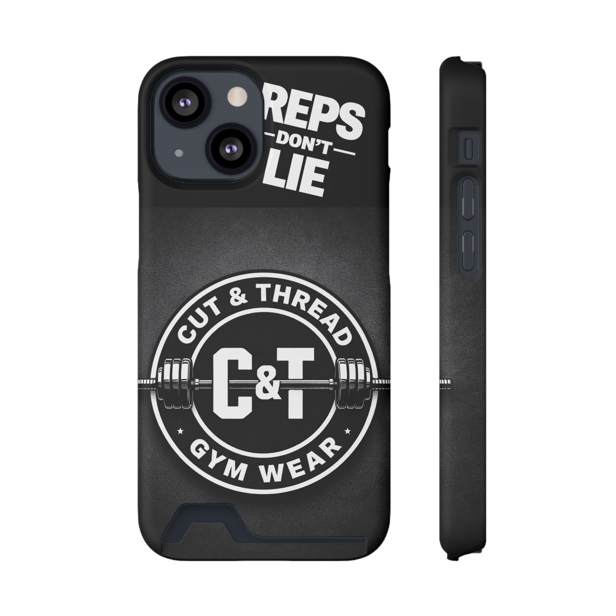 Gym Phone Case with Card Holder — “Reps Don’t Lie” Cut & Thread Design