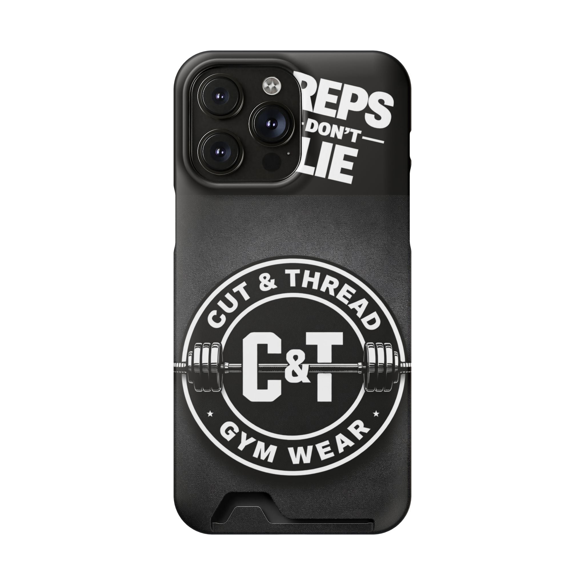 Gym Phone Case with Card Holder — “Reps Don’t Lie” Cut & Thread Design