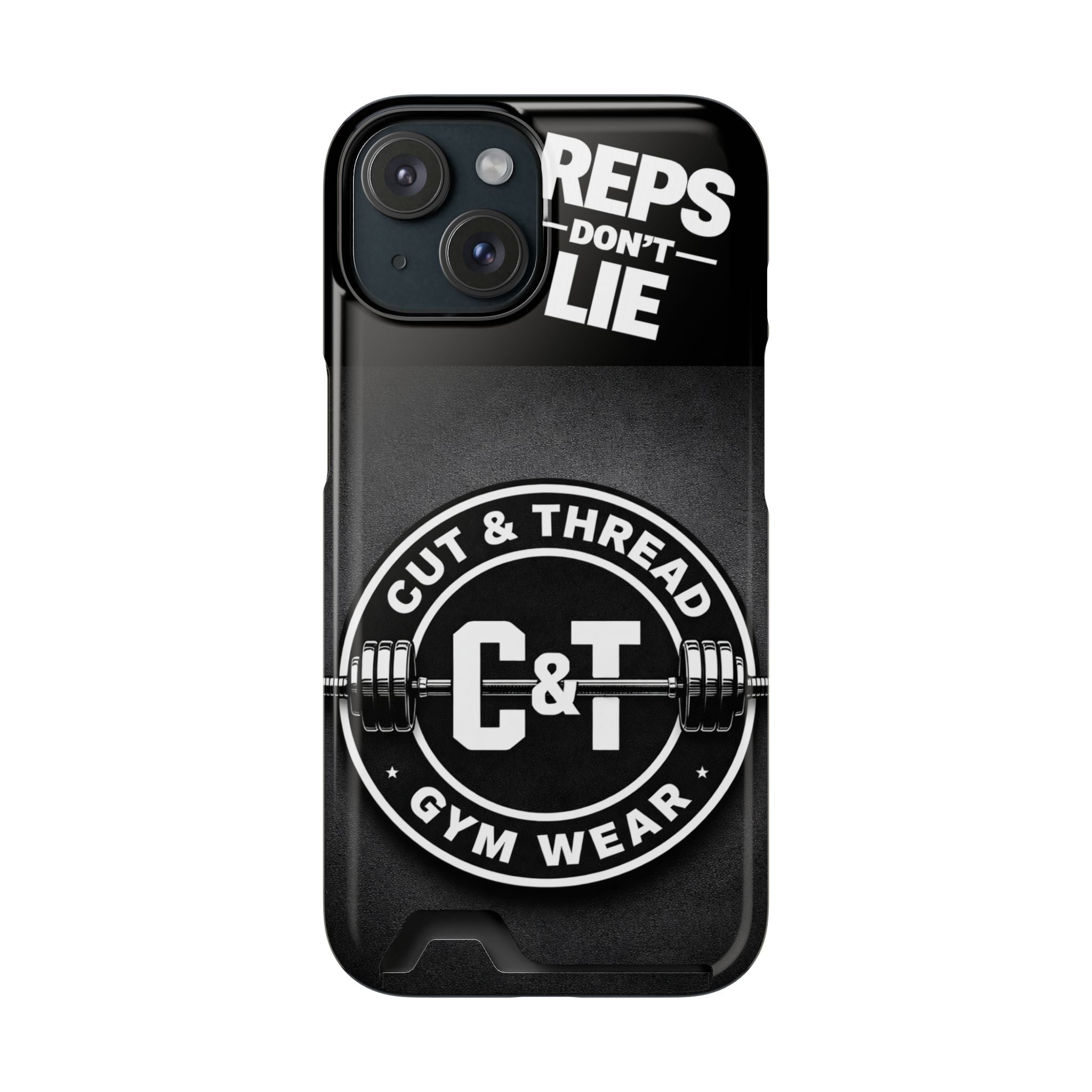 Gym Phone Case with Card Holder — “Reps Don’t Lie” Cut & Thread Design
