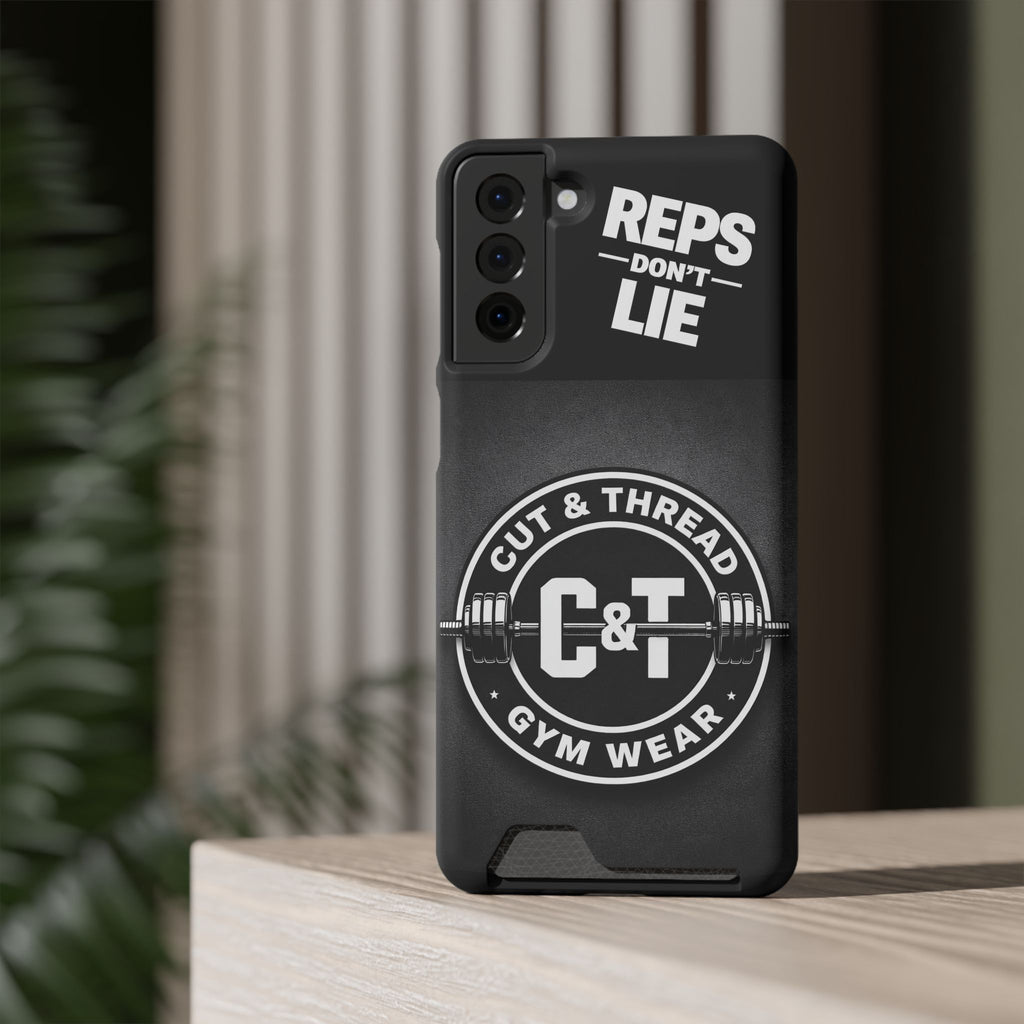 Gym Phone Case with Card Holder — “Reps Don’t Lie” Cut & Thread Design