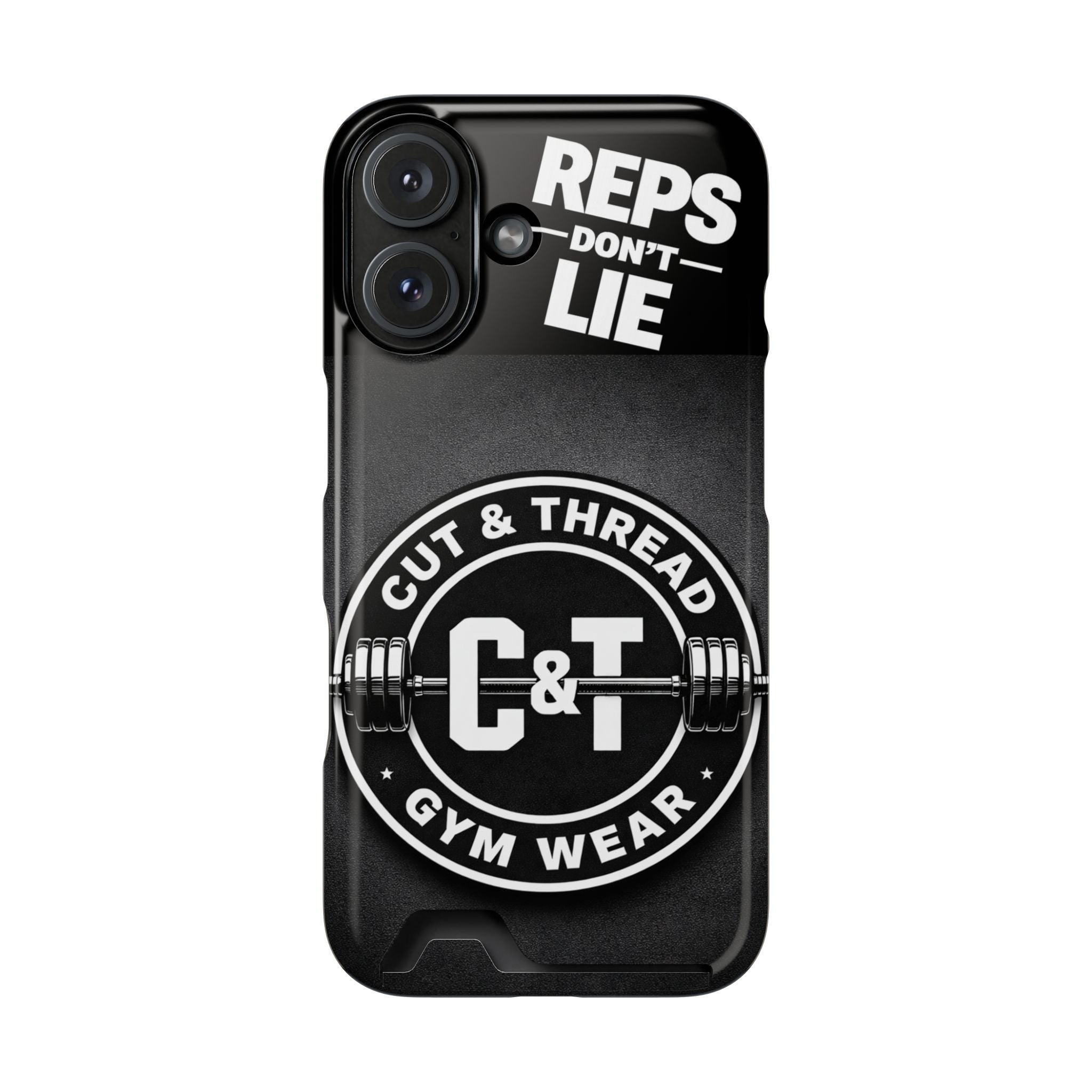 Gym Phone Case with Card Holder — “Reps Don’t Lie” Cut & Thread Design