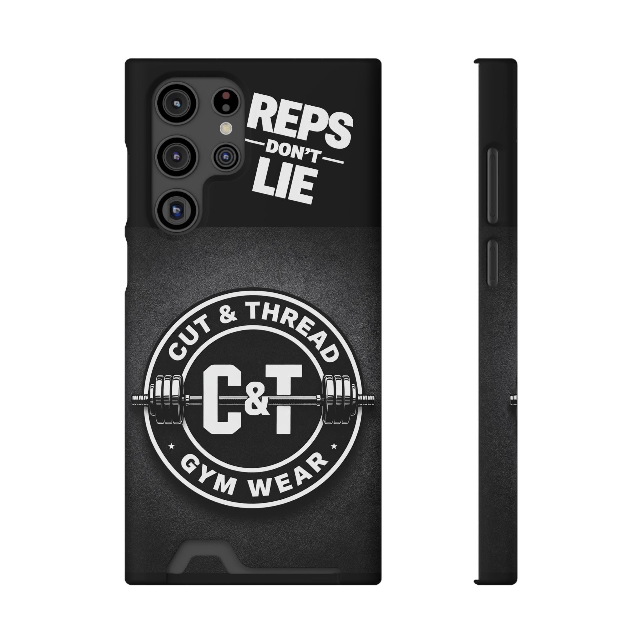 Gym Phone Case with Card Holder — “Reps Don’t Lie” Cut & Thread Design