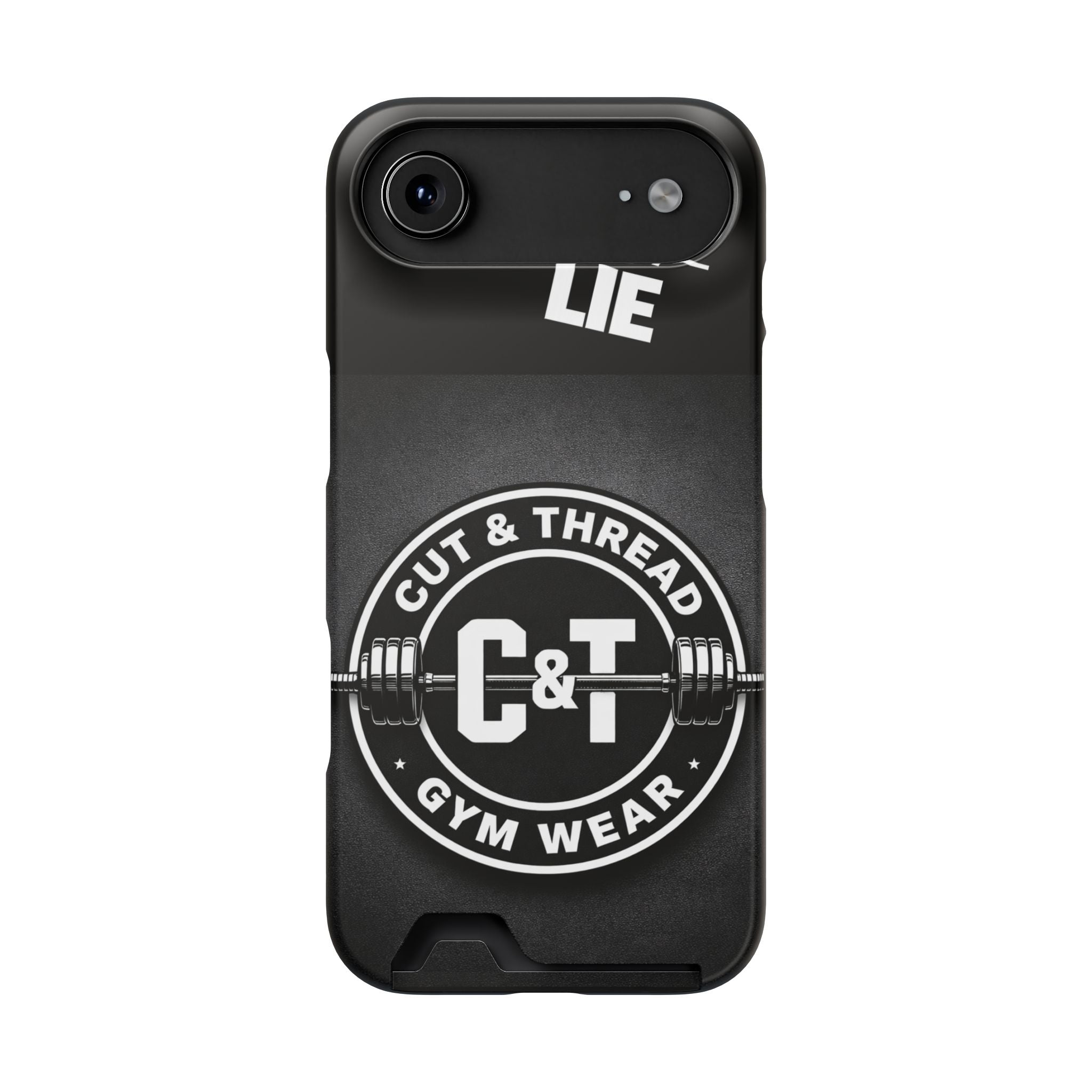 Gym Phone Case with Card Holder — “Reps Don’t Lie” Cut & Thread Design