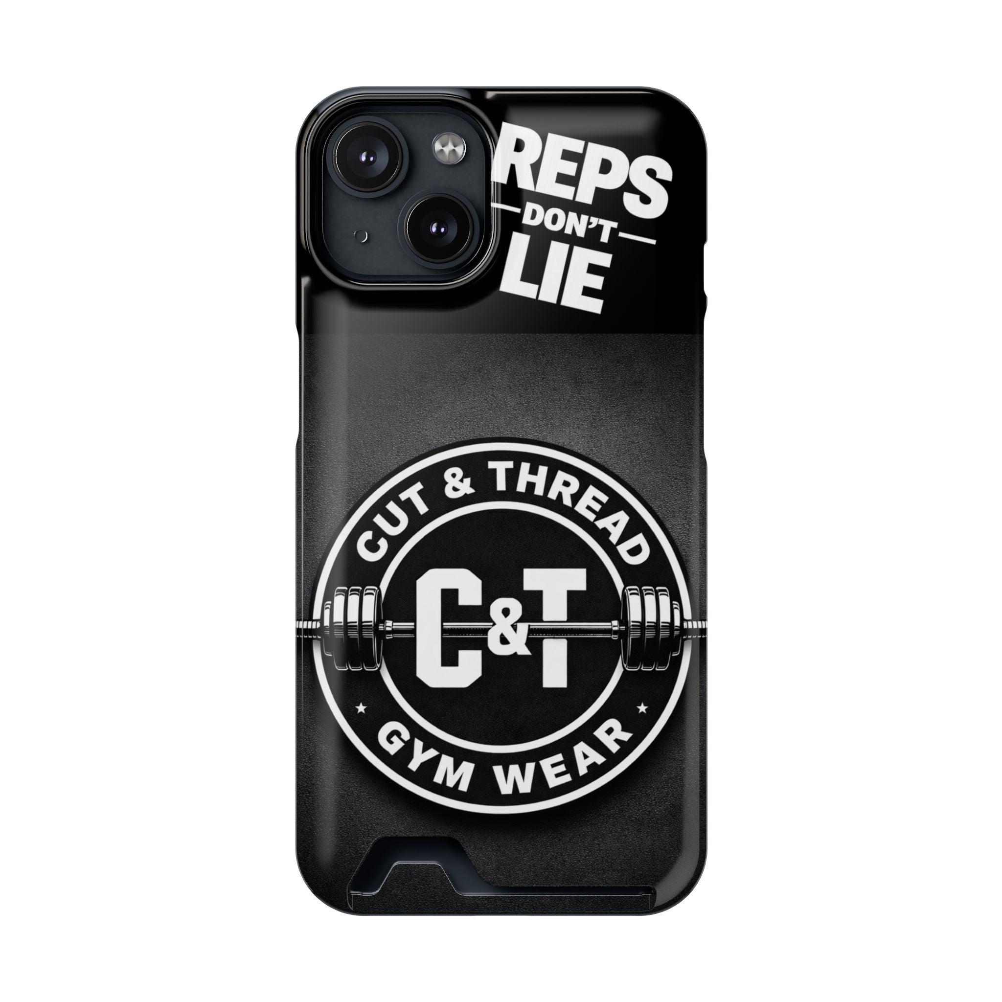 Gym Phone Case with Card Holder — “Reps Don’t Lie” Cut & Thread Design