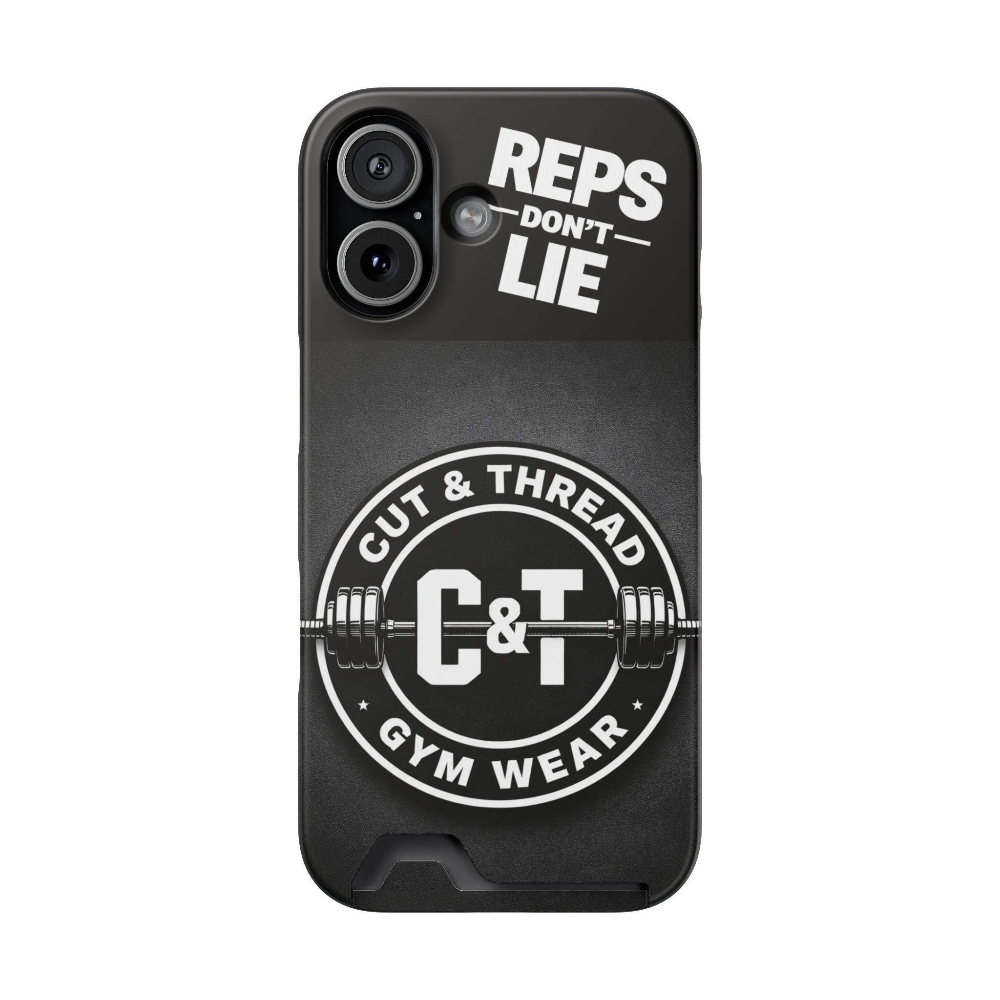 Gym Phone Case with Card Holder — “Reps Don’t Lie” Cut & Thread Design