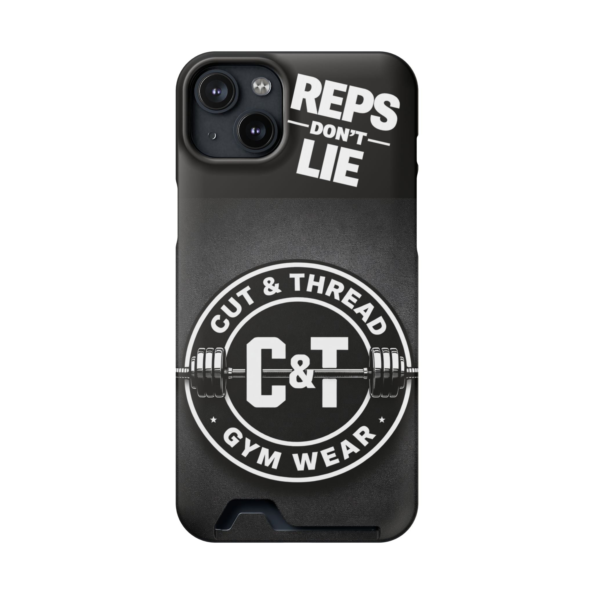 Gym Phone Case with Card Holder — “Reps Don’t Lie” Cut & Thread Design