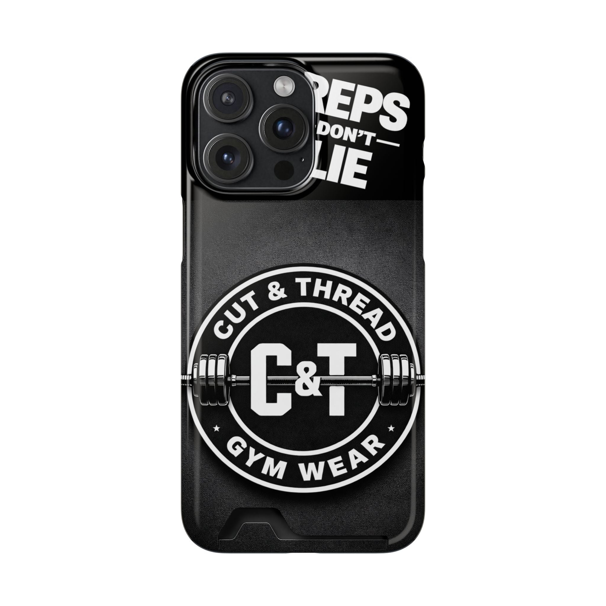 Gym Phone Case with Card Holder — “Reps Don’t Lie” Cut & Thread Design