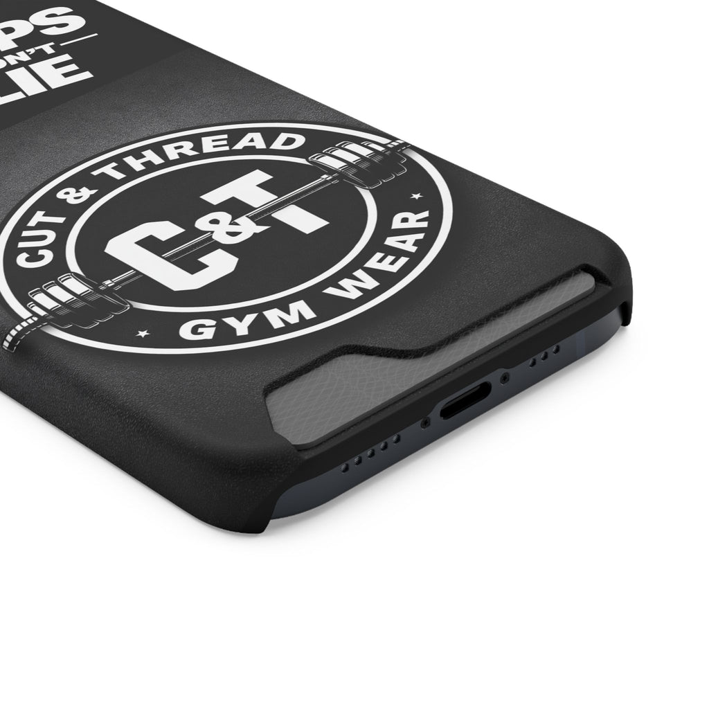 Gym Phone Case with Card Holder — “Reps Don’t Lie” Cut & Thread Design