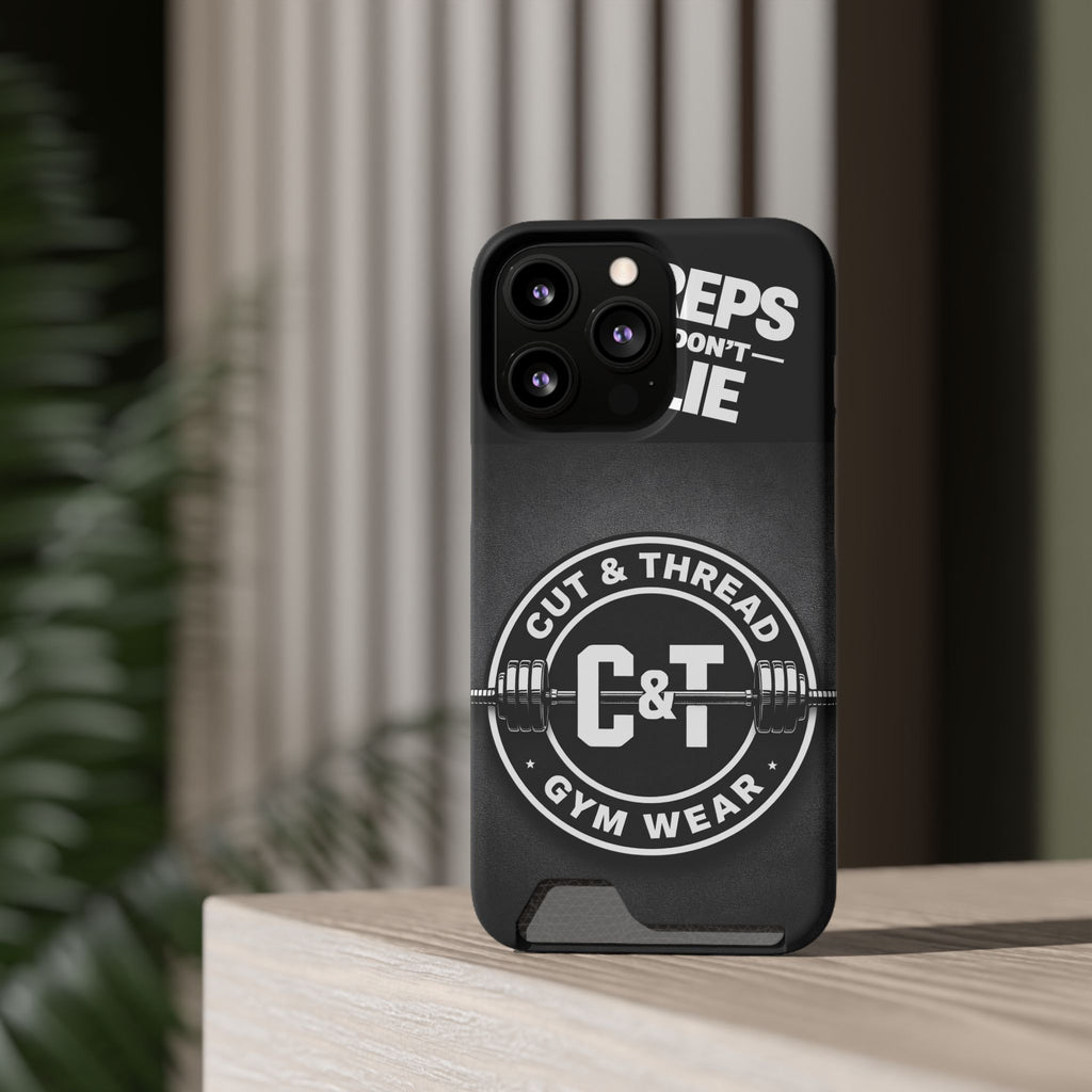 Gym Phone Case with Card Holder — “Reps Don’t Lie” Cut & Thread Design