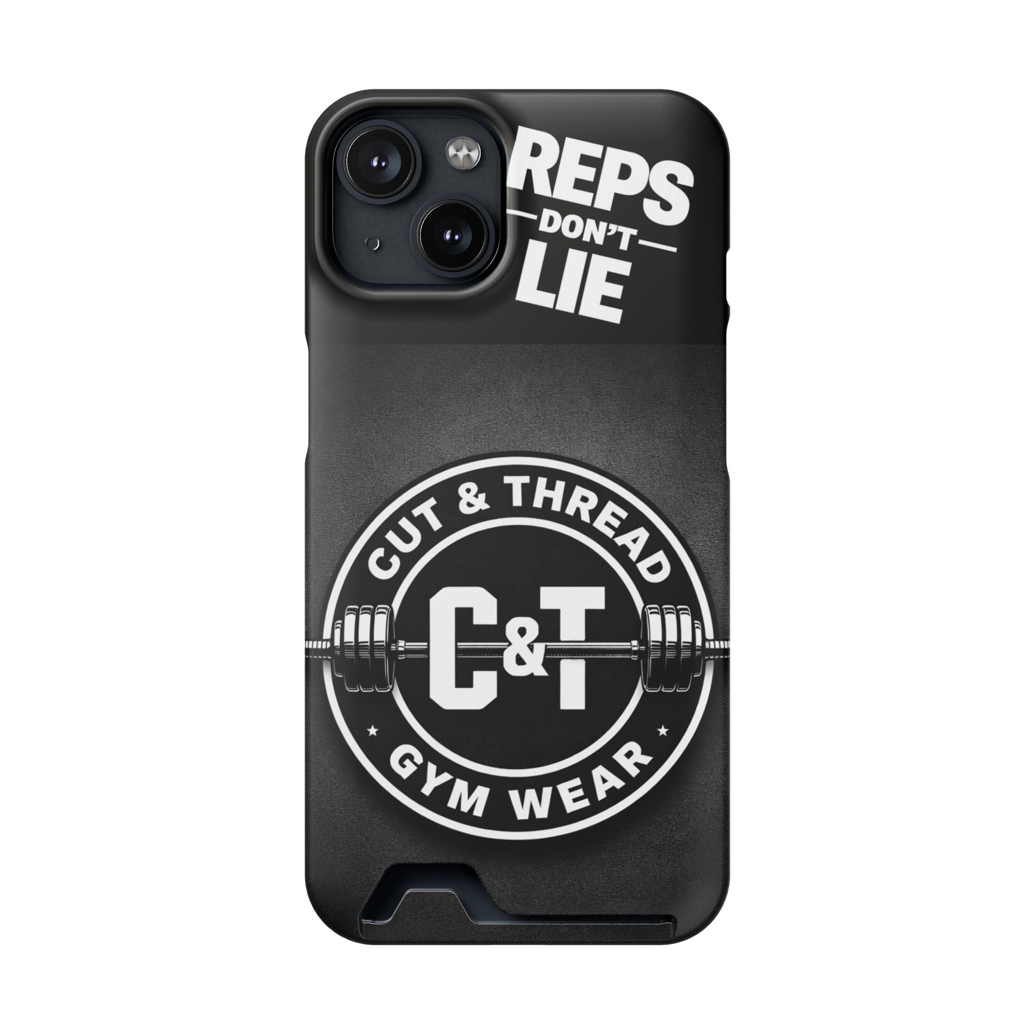 Gym Phone Case with Card Holder — “Reps Don’t Lie” Cut & Thread Design