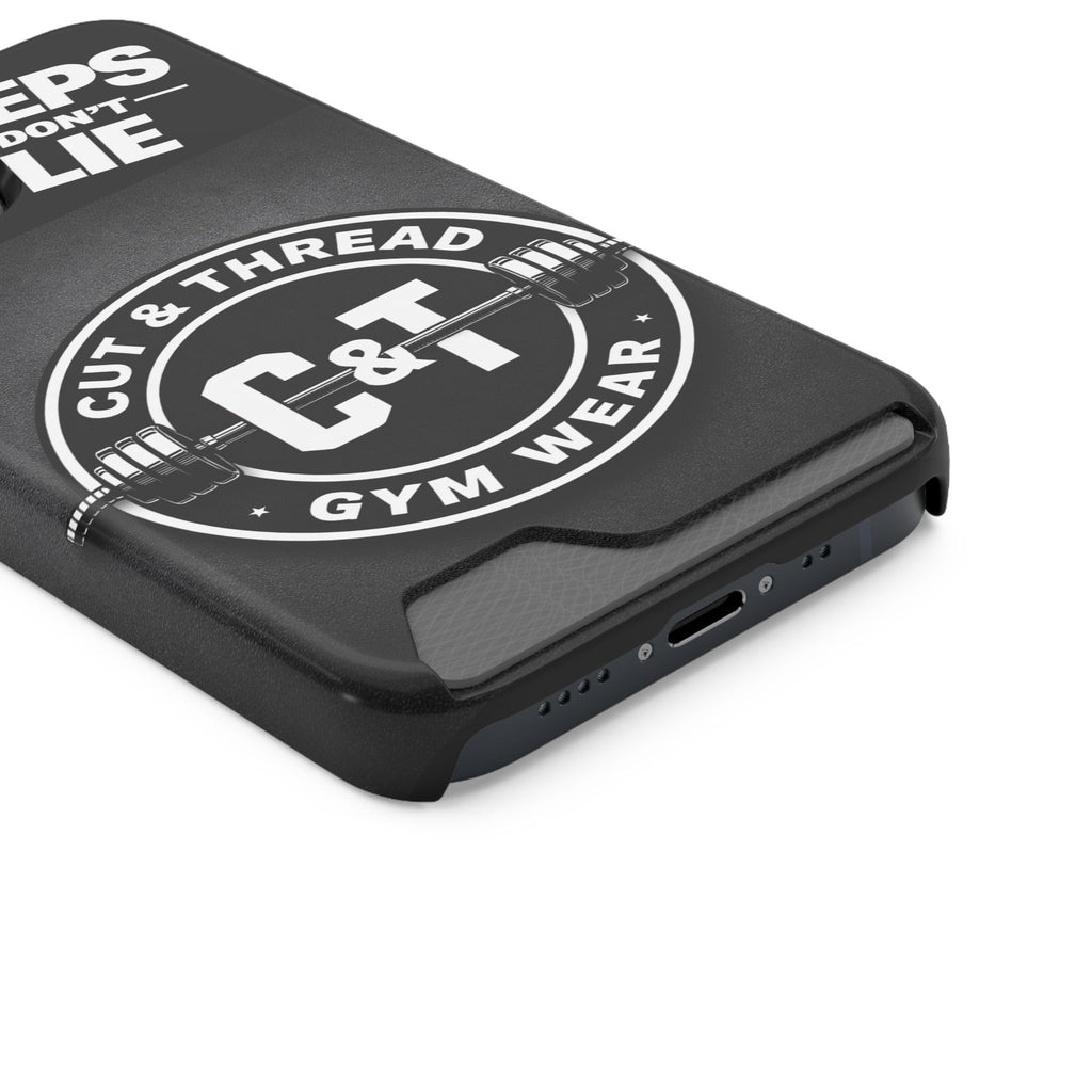 Gym Phone Case with Card Holder — “Reps Don’t Lie” Cut & Thread Design