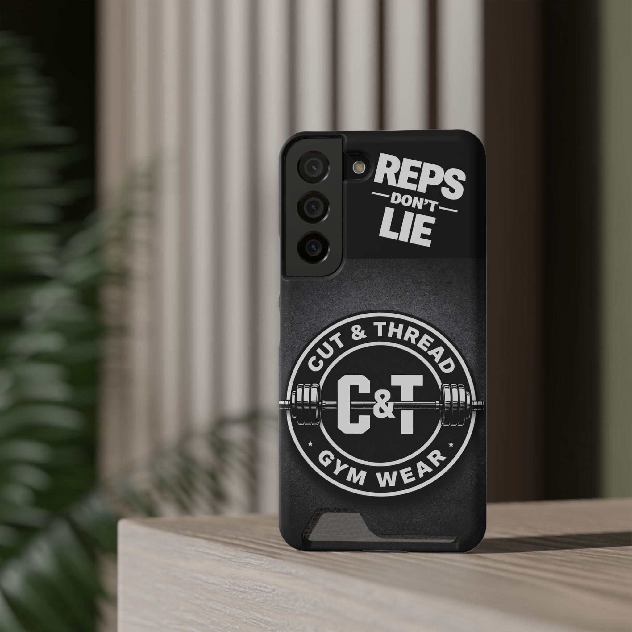 Gym Phone Case with Card Holder — “Reps Don’t Lie” Cut & Thread Design