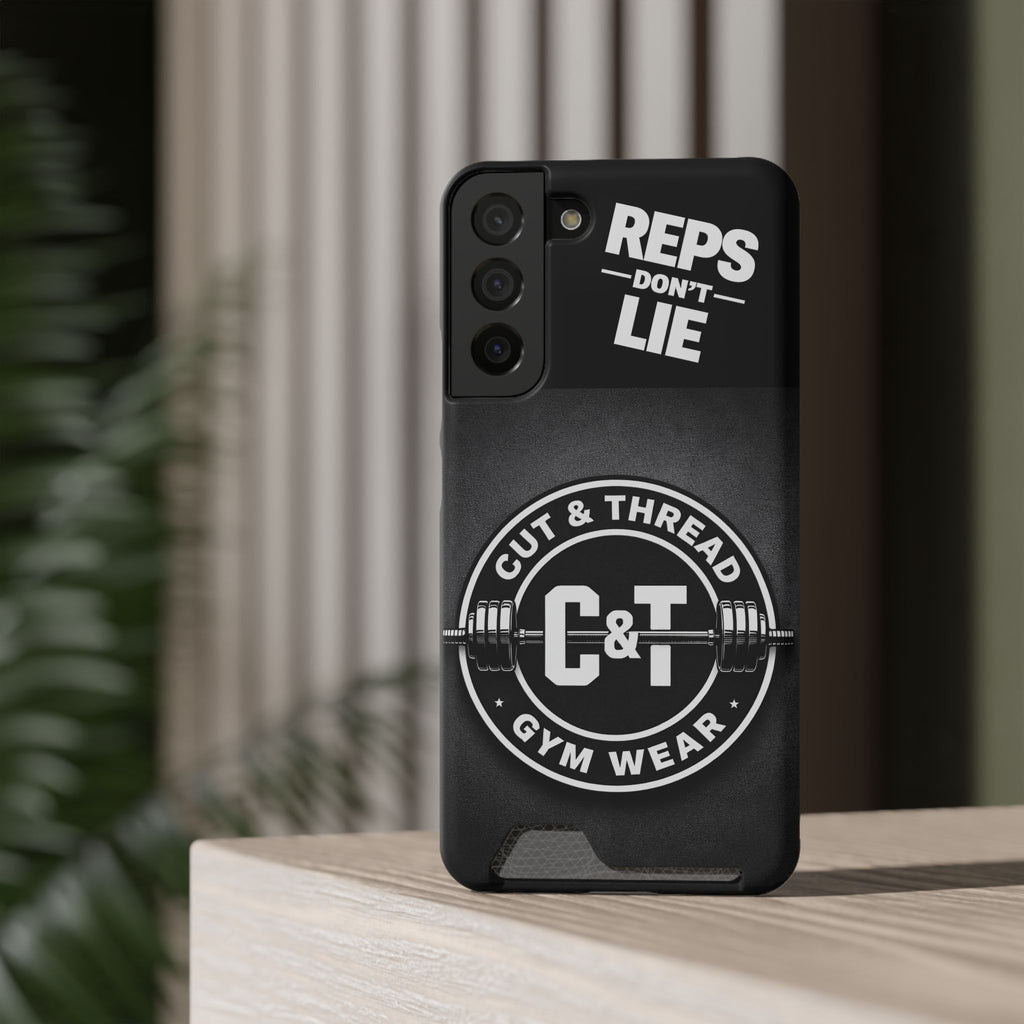 Gym Phone Case with Card Holder — “Reps Don’t Lie” Cut & Thread Design