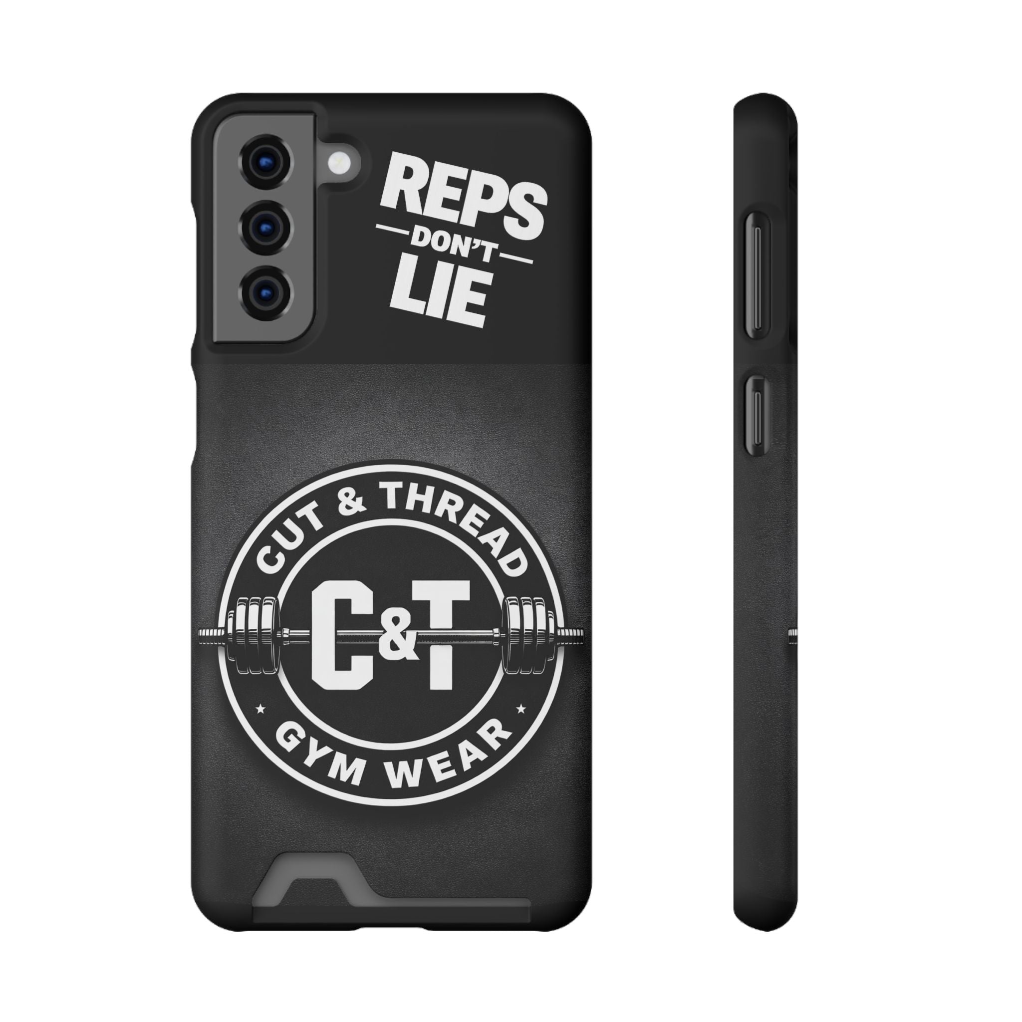 Gym Phone Case with Card Holder — “Reps Don’t Lie” Cut & Thread Design