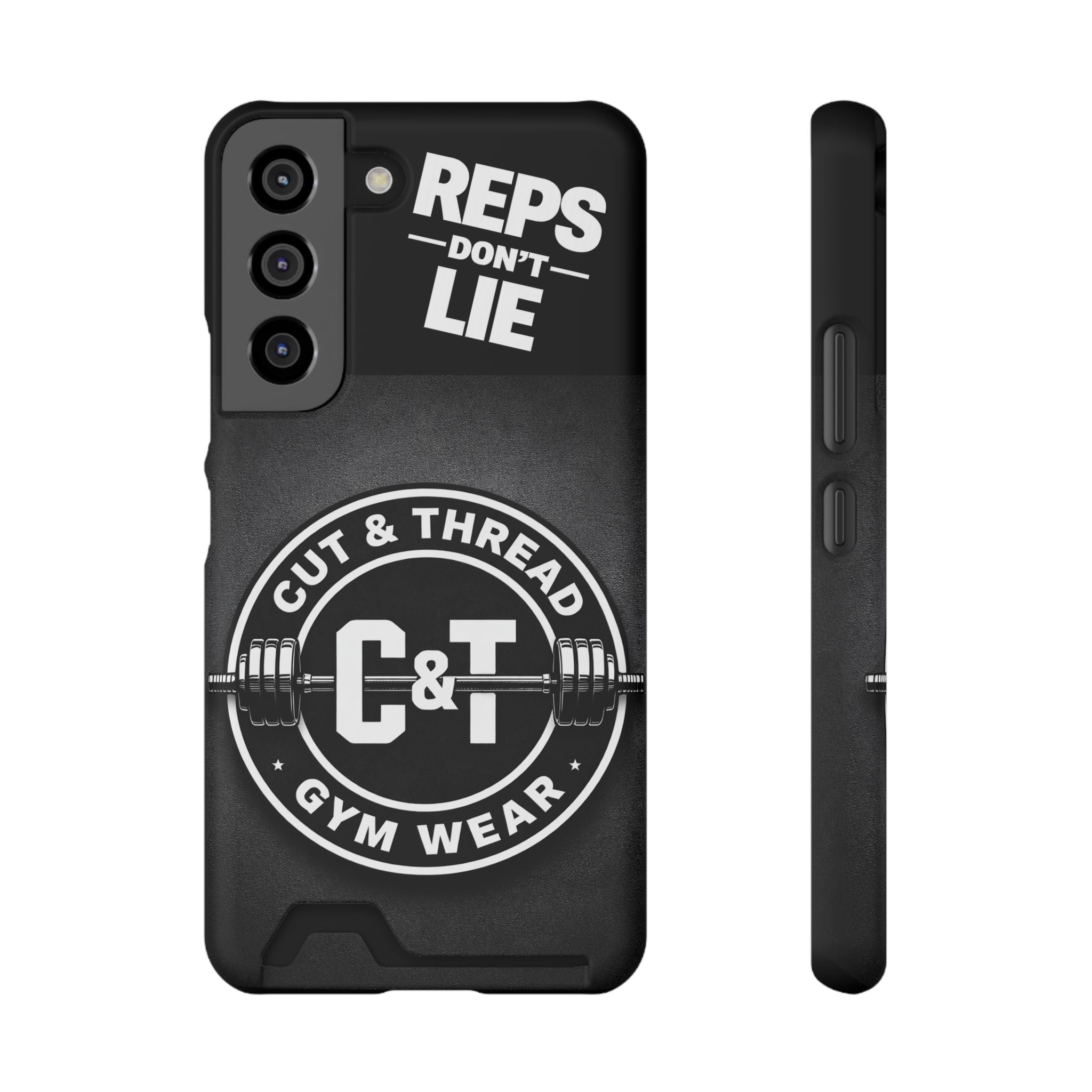 Gym Phone Case with Card Holder — “Reps Don’t Lie” Cut & Thread Design