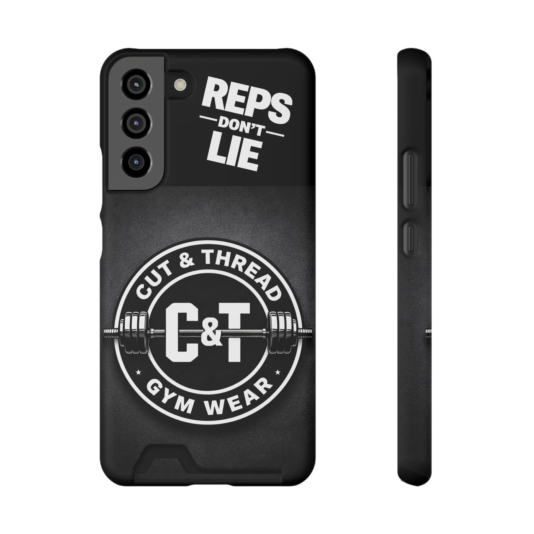 Gym Phone Case with Card Holder — “Reps Don’t Lie” Cut & Thread Design