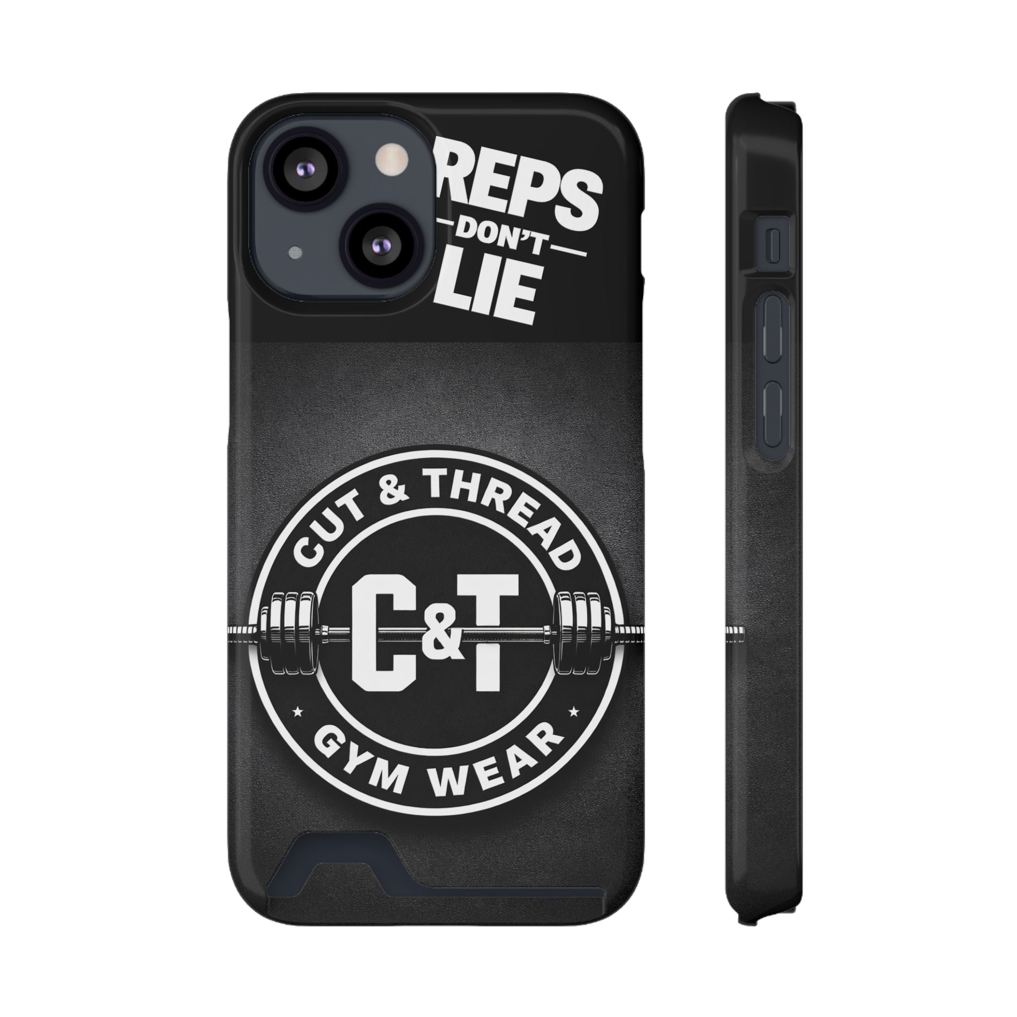 Gym Phone Case with Card Holder — “Reps Don’t Lie” Cut & Thread Design