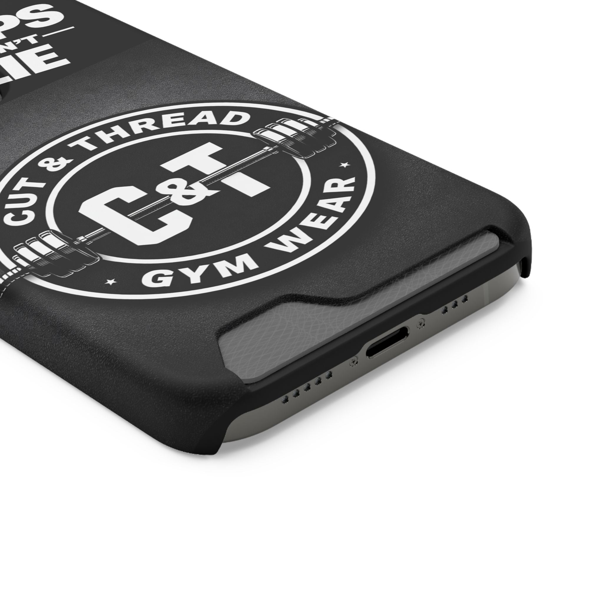 Gym Phone Case with Card Holder — “Reps Don’t Lie” Cut & Thread Design
