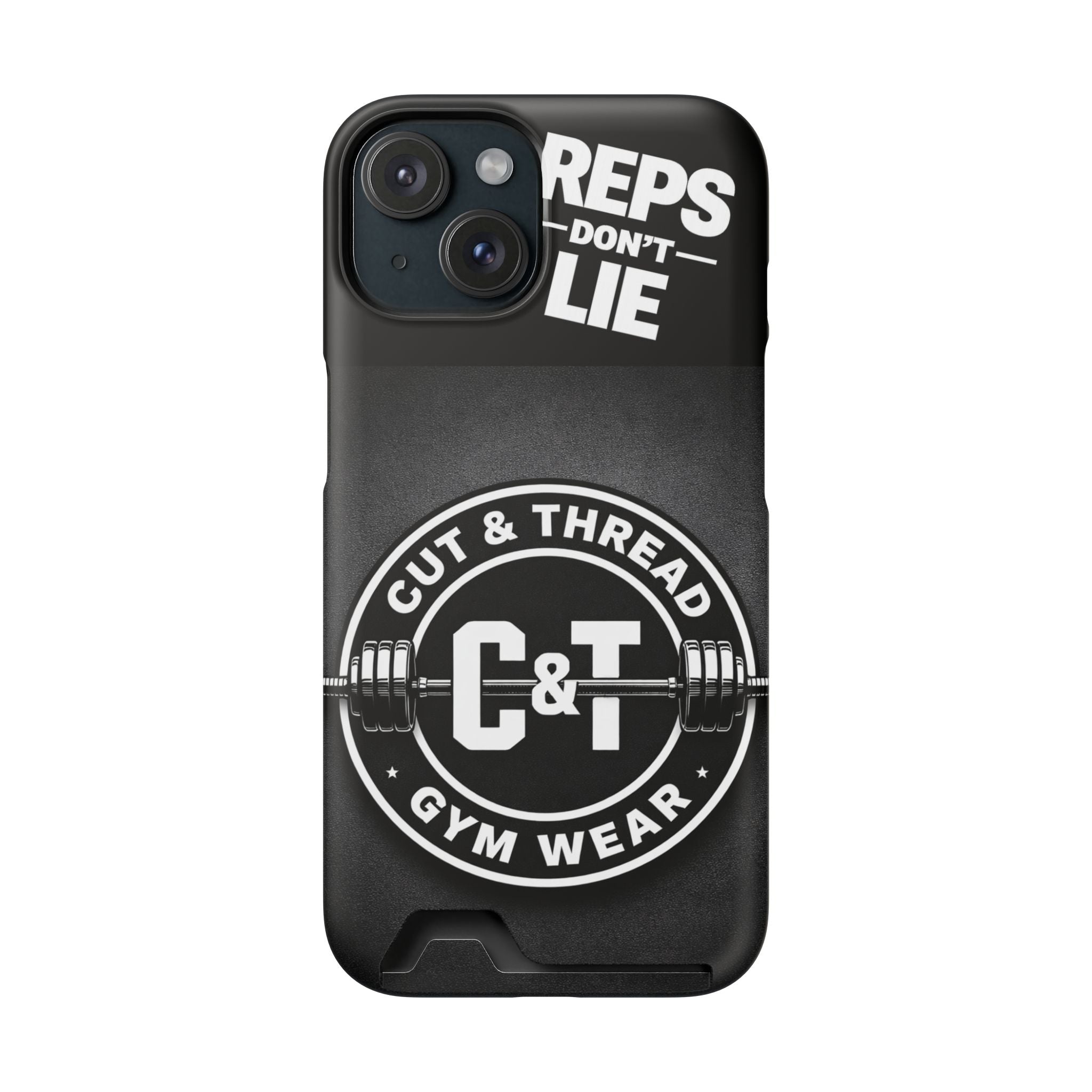 Gym Phone Case with Card Holder — “Reps Don’t Lie” Cut & Thread Design