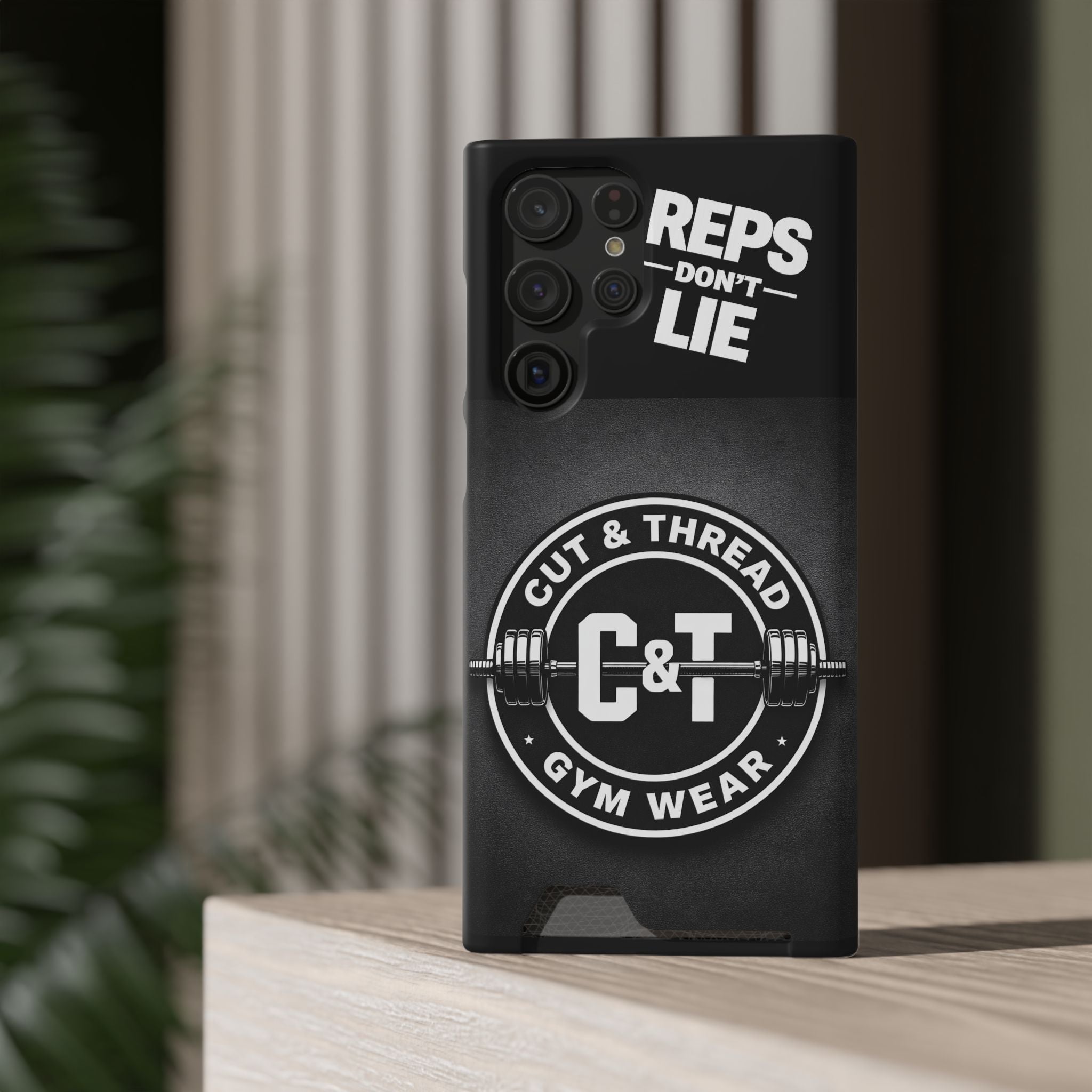 Gym Phone Case with Card Holder — “Reps Don’t Lie” Cut & Thread Design