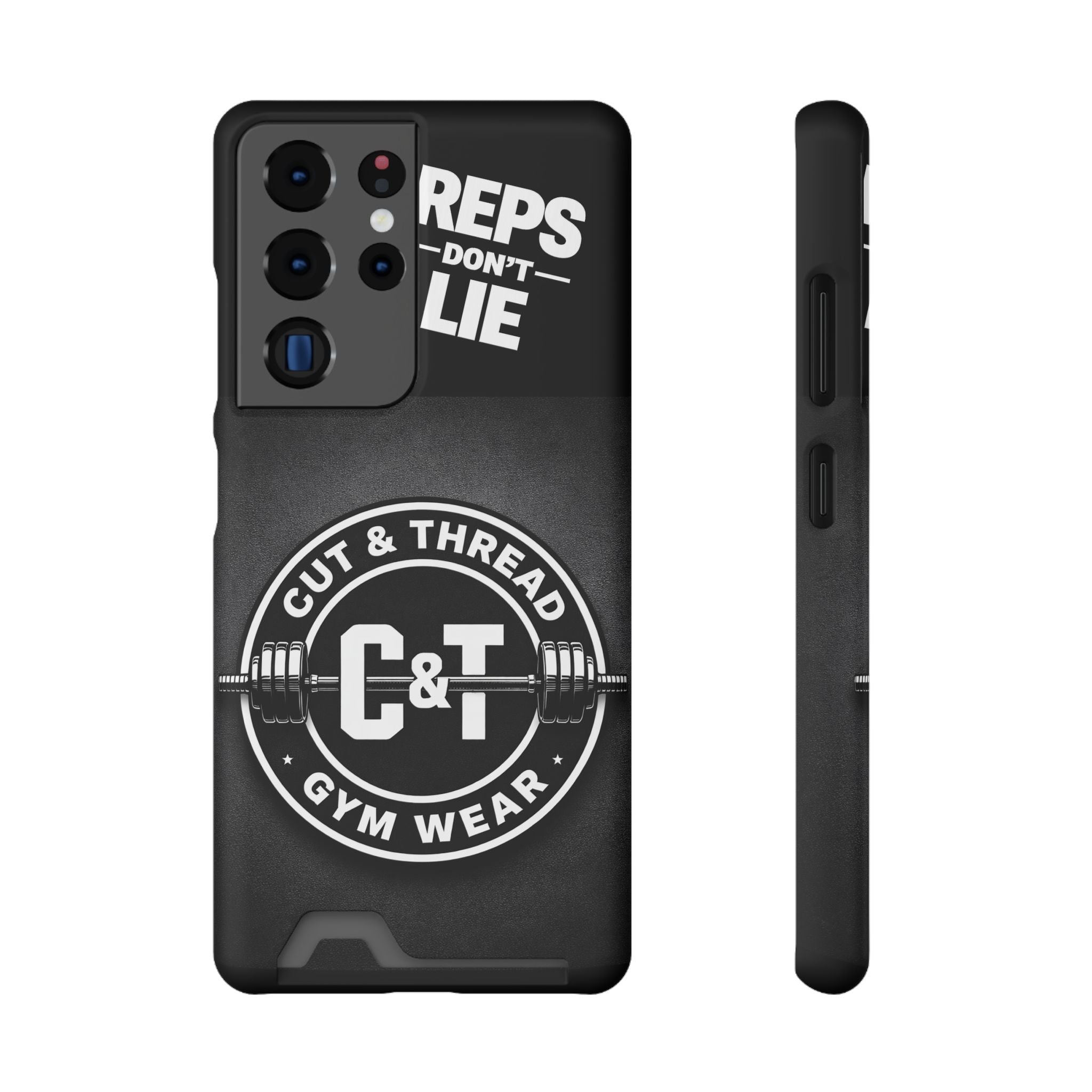 Gym Phone Case with Card Holder — “Reps Don’t Lie” Cut & Thread Design