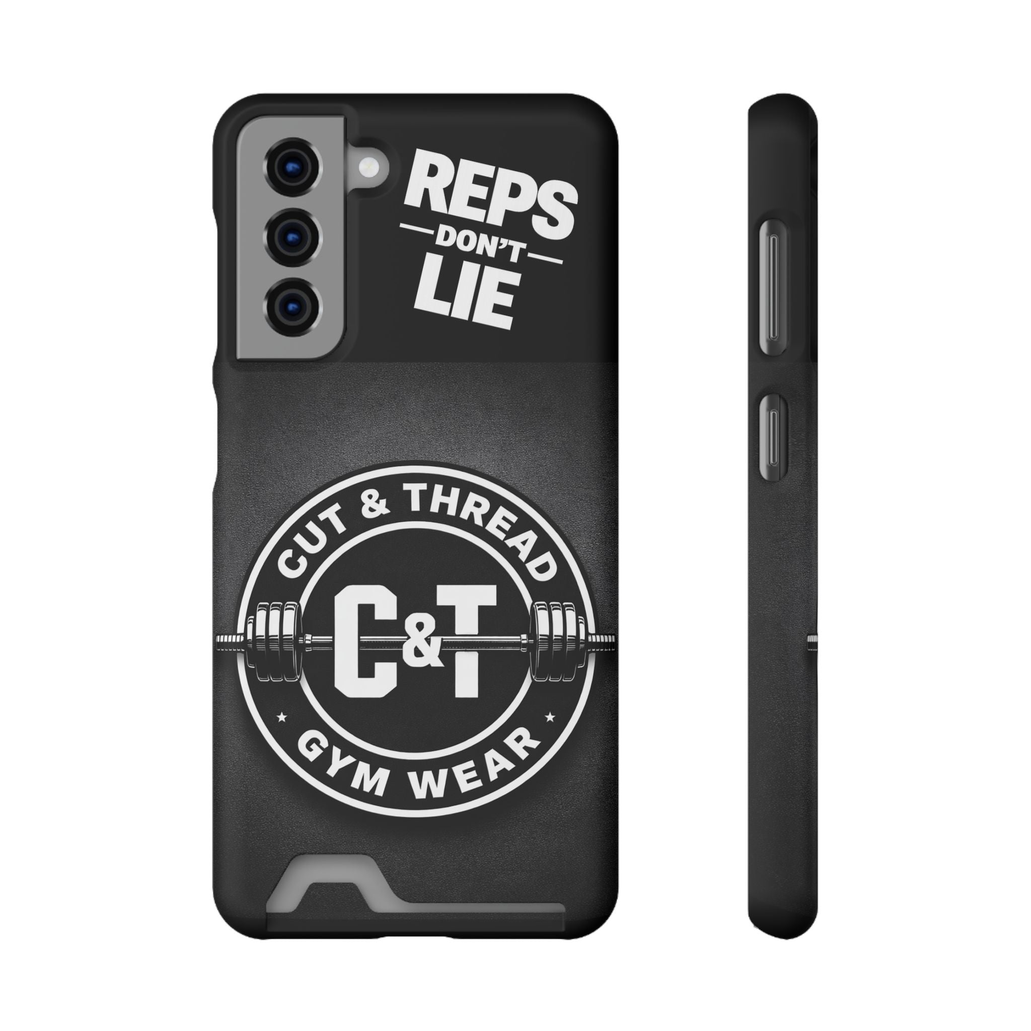 Gym Phone Case with Card Holder — “Reps Don’t Lie” Cut & Thread Design