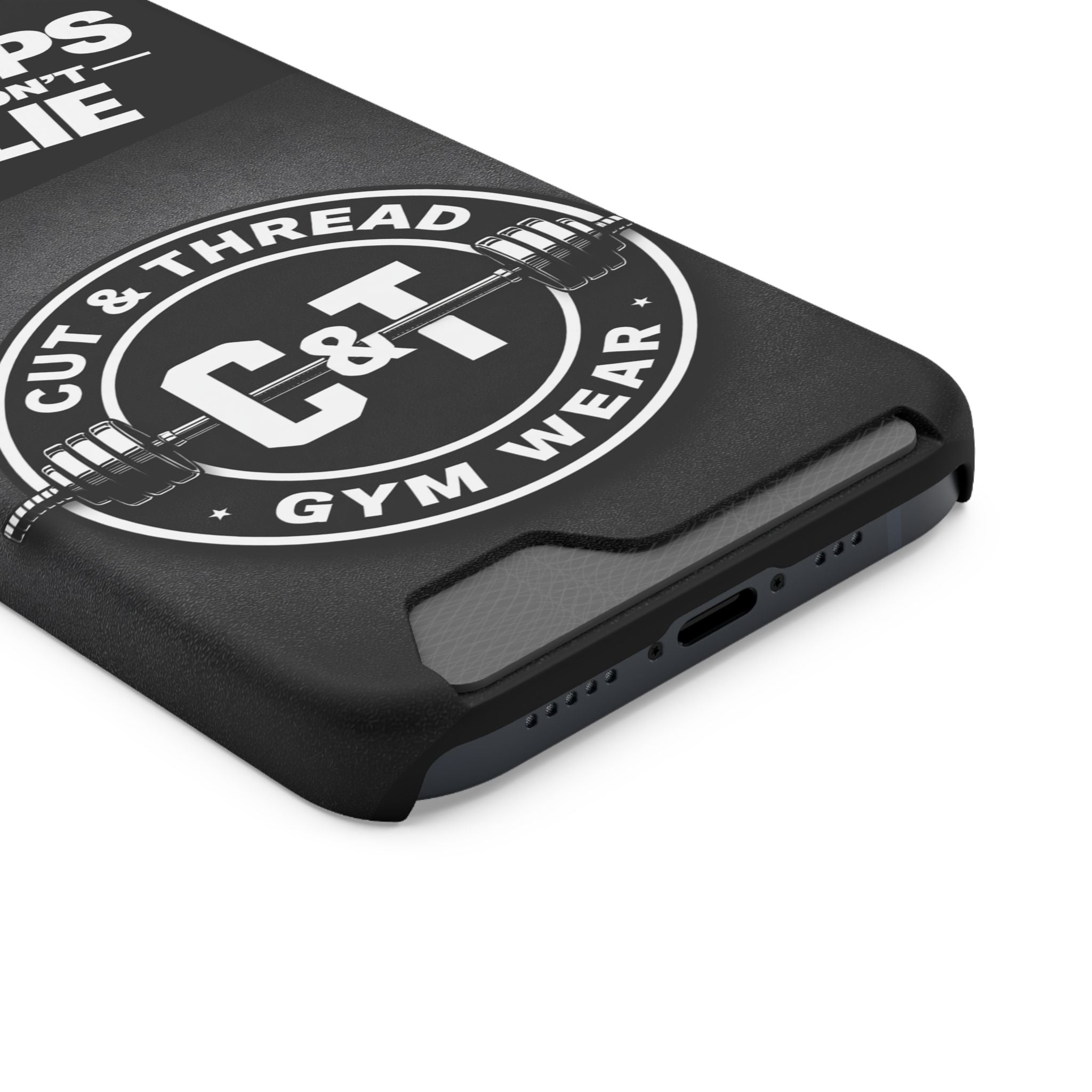Gym Phone Case with Card Holder — “Reps Don’t Lie” Cut & Thread Design