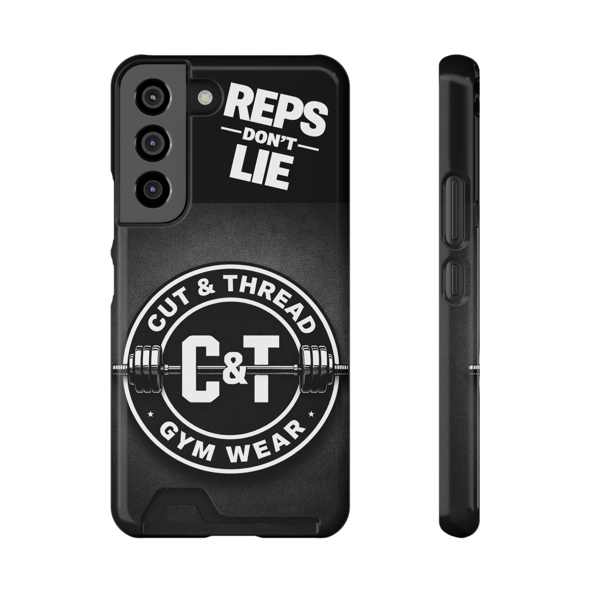 Gym Phone Case with Card Holder — “Reps Don’t Lie” Cut & Thread Design