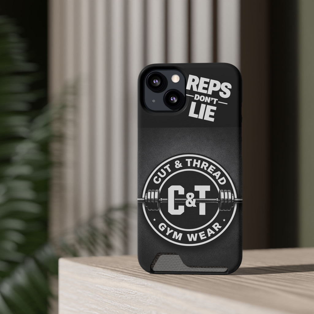 Gym Phone Case with Card Holder — “Reps Don’t Lie” Cut & Thread Design
