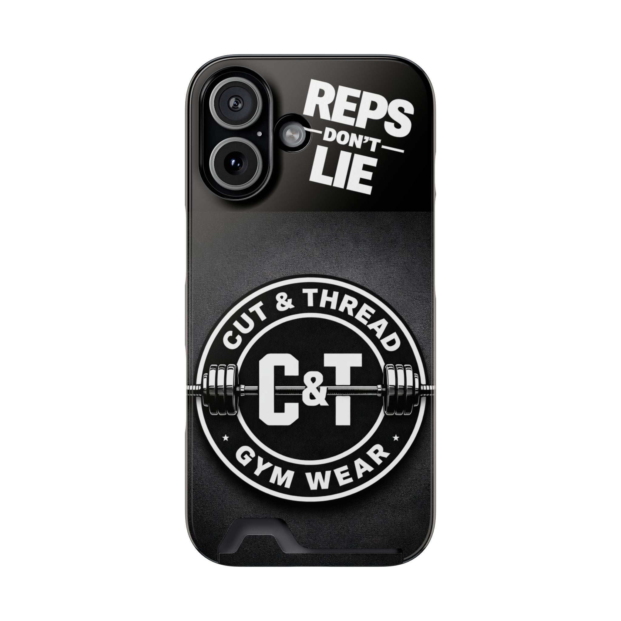 Gym Phone Case with Card Holder — “Reps Don’t Lie” Cut & Thread Design