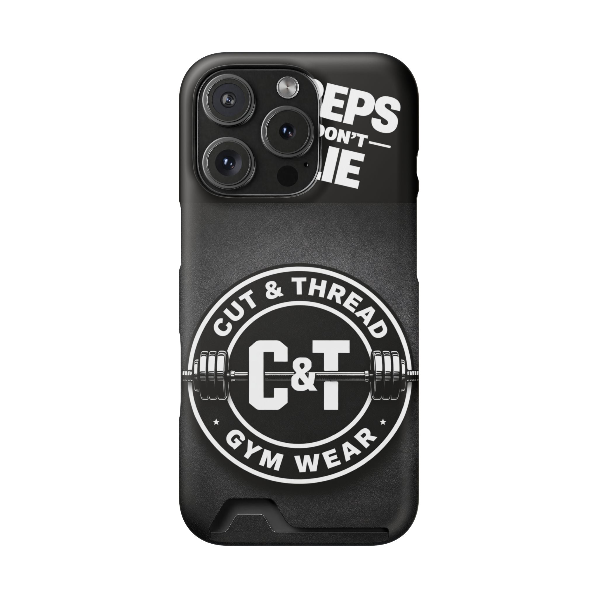 Gym Phone Case with Card Holder — “Reps Don’t Lie” Cut & Thread Design
