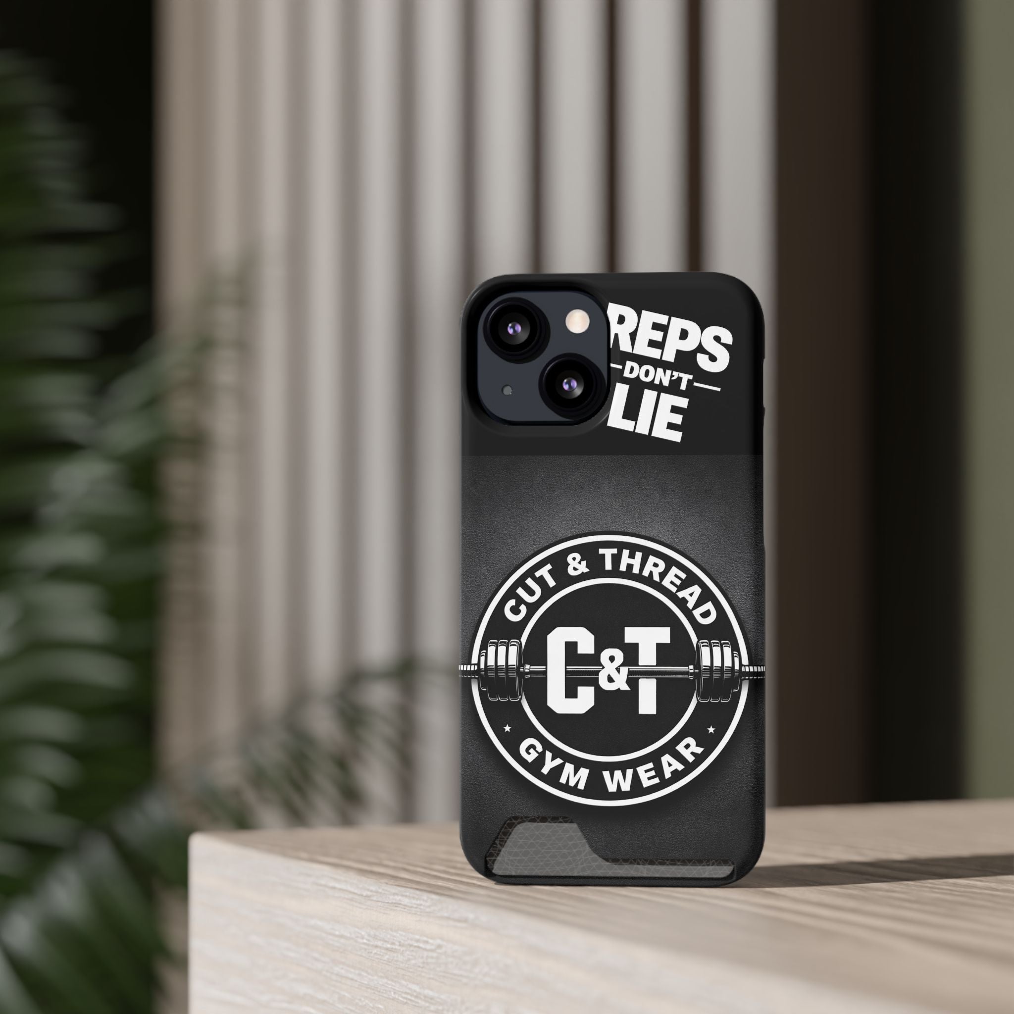 Gym Phone Case with Card Holder — “Reps Don’t Lie” Cut & Thread Design