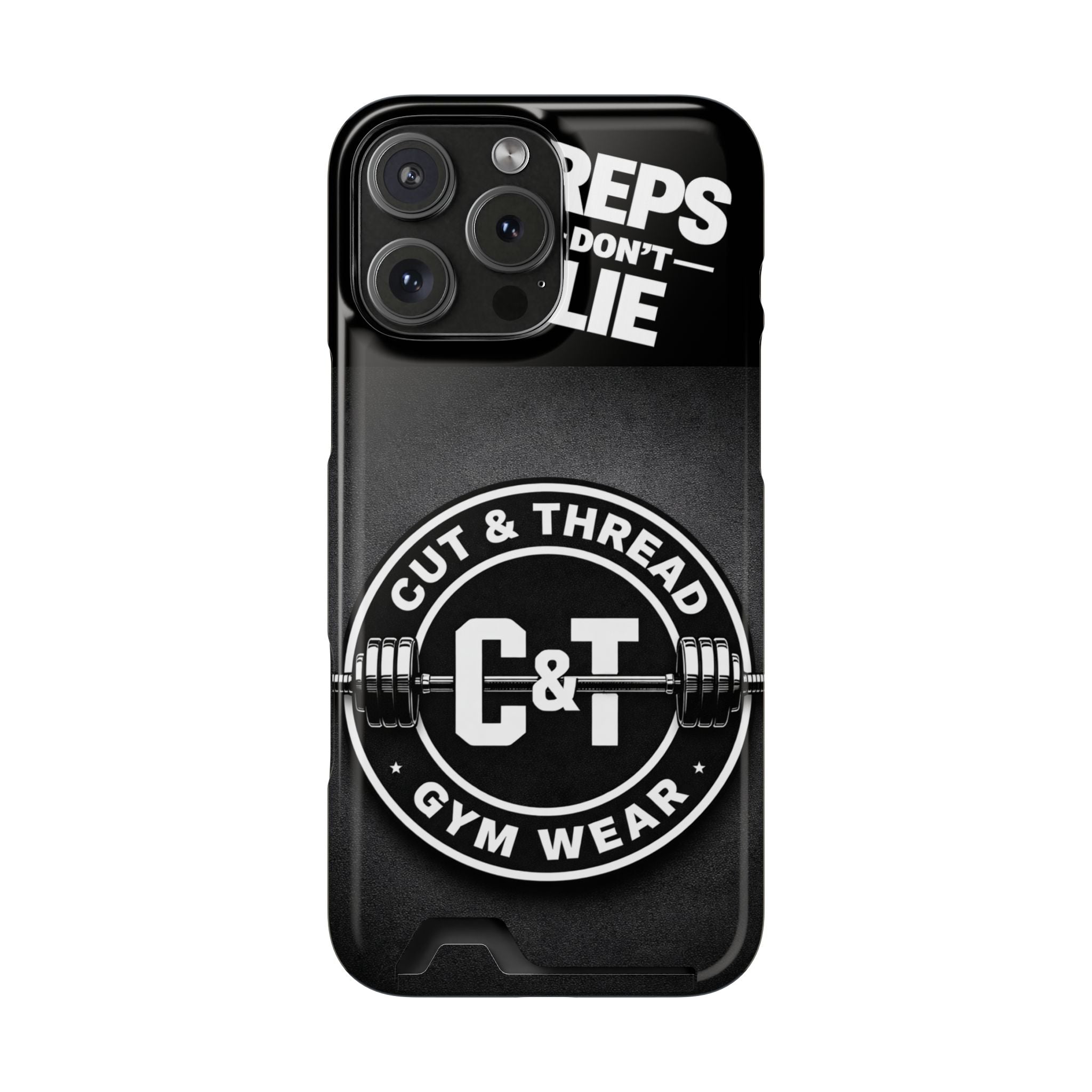 Gym Phone Case with Card Holder — “Reps Don’t Lie” Cut & Thread Design